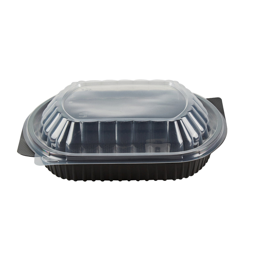 Chef 101 34 oz Oval Black Plastic Food Container - with Clear Lid, Microwavable - 9 1/2" x 8" x 2 3/4" - 50 count box