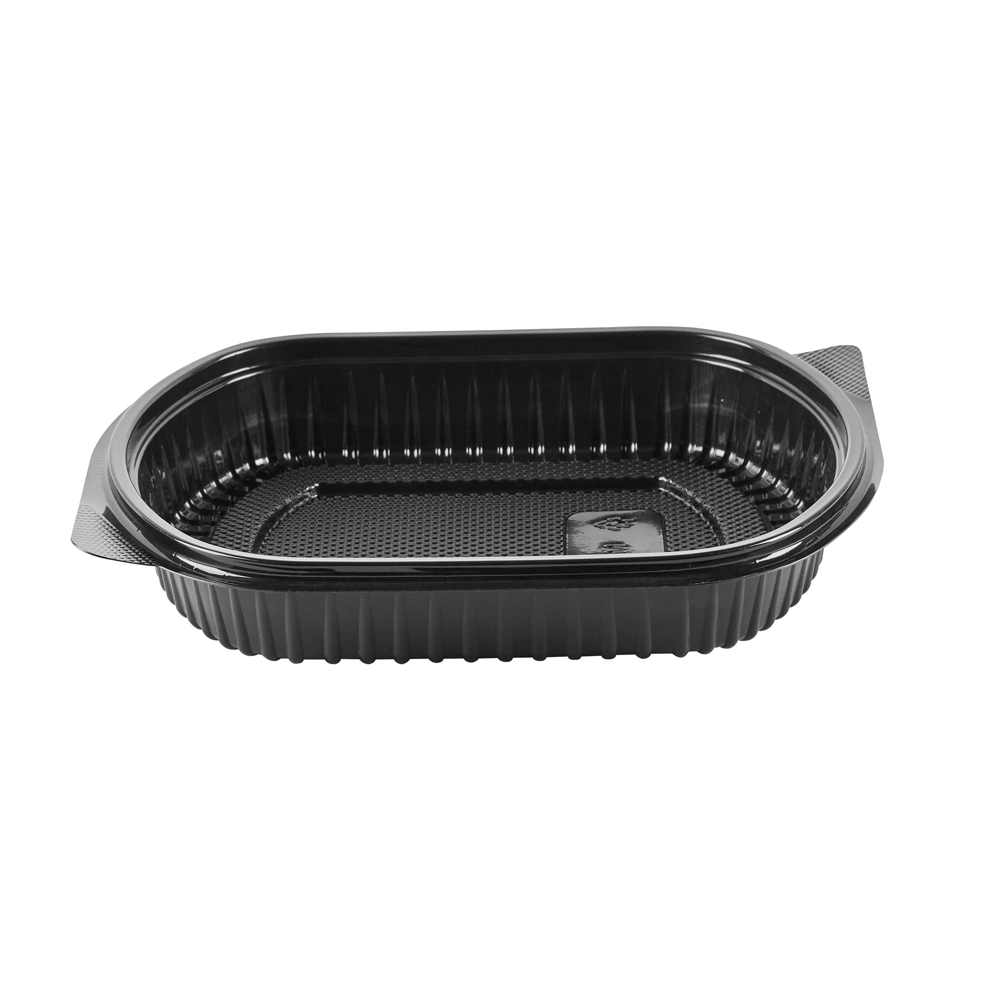 Chef 101 34 oz Oval Black Plastic Food Container - with Clear Lid, Microwavable - 9 1/2" x 8" x 2 3/4" - 50 count box