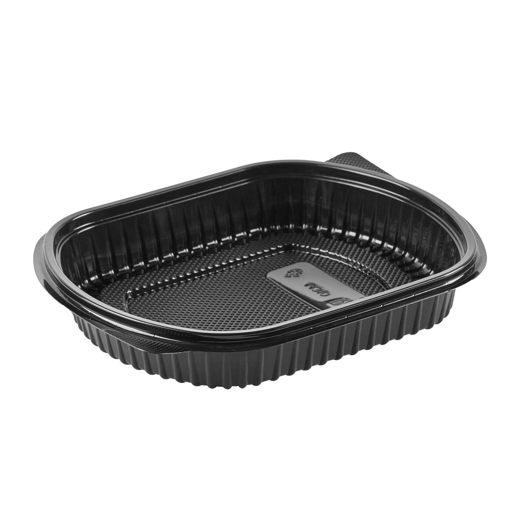 Chef 101 34 oz Oval Black Plastic Food Container - with Clear Lid, Microwavable - 9 1/2" x 8" x 2 3/4" - 50 count box