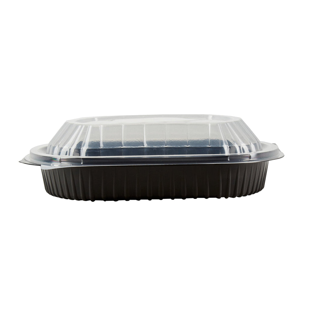 Chef 101 34 oz Oval Black Plastic Food Container - with Clear Lid, Microwavable - 9 1/2" x 8" x 2 3/4" - 50 count box