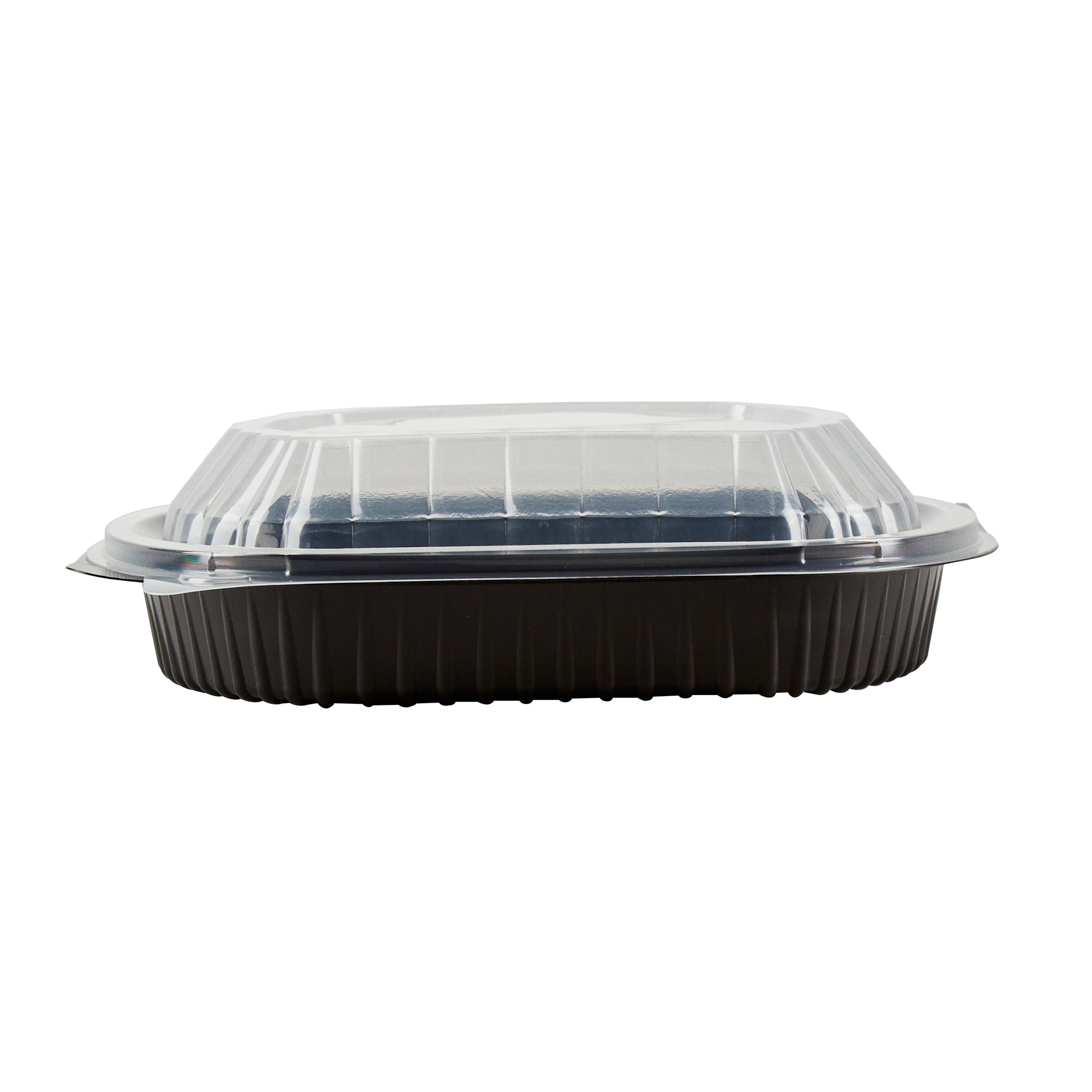 Chef 101 34 oz Oval Black Plastic Food Container - with Clear Lid, Microwavable - 9 1/2" x 8" x 2 3/4" - 50 count box