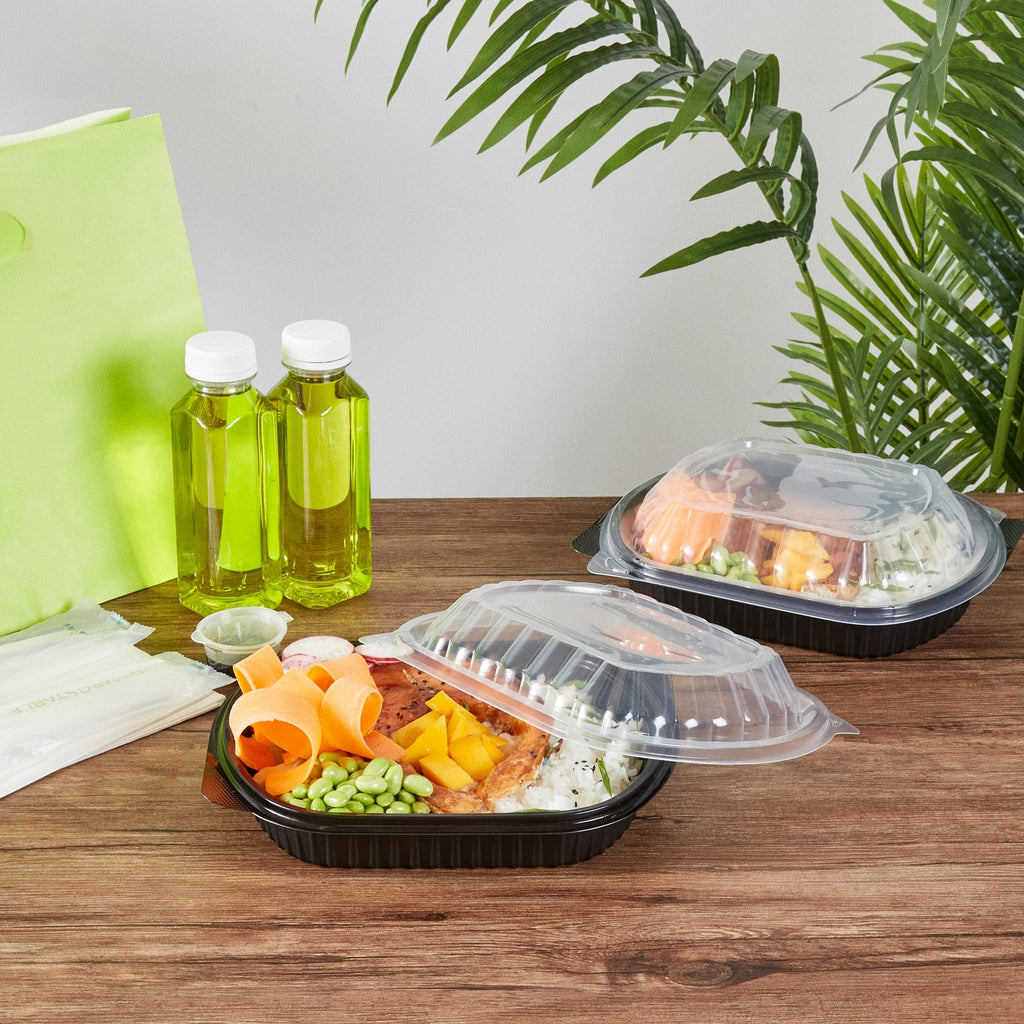 Chef 101 34 oz Oval Black Plastic Food Container - with Clear Lid, Microwavable - 9 1/2" x 8" x 2 3/4" - 50 count box