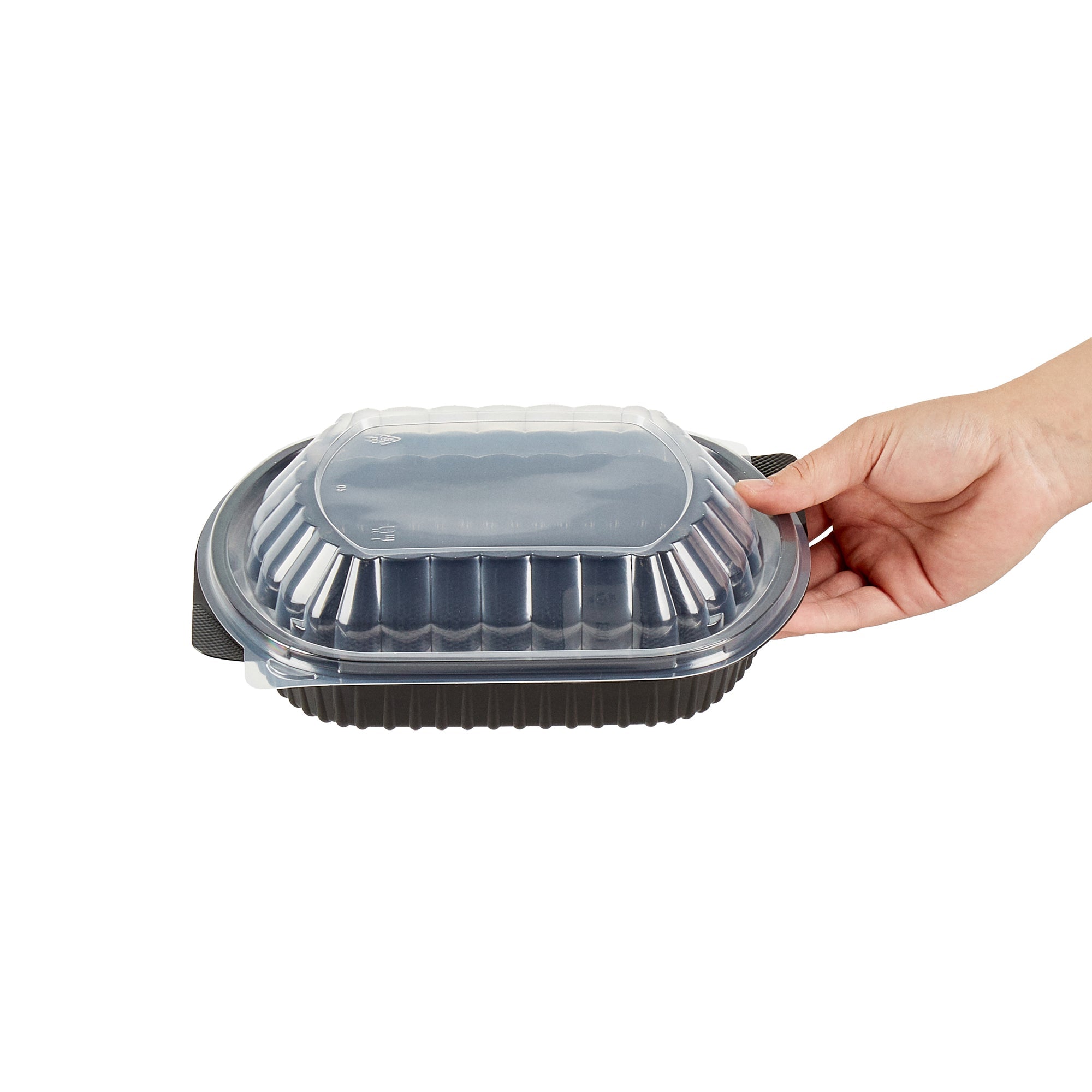 Chef 101 34 oz Oval Black Plastic Food Container - with Clear Lid, Microwavable - 9 1/2" x 8" x 2 3/4" - 100 count box
