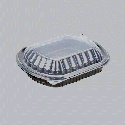 Chef 101 34 oz Oval Black Plastic Food Container - with Clear Lid, Microwavable - 9 1/2" x 8" x 2 3/4" - 100 count box