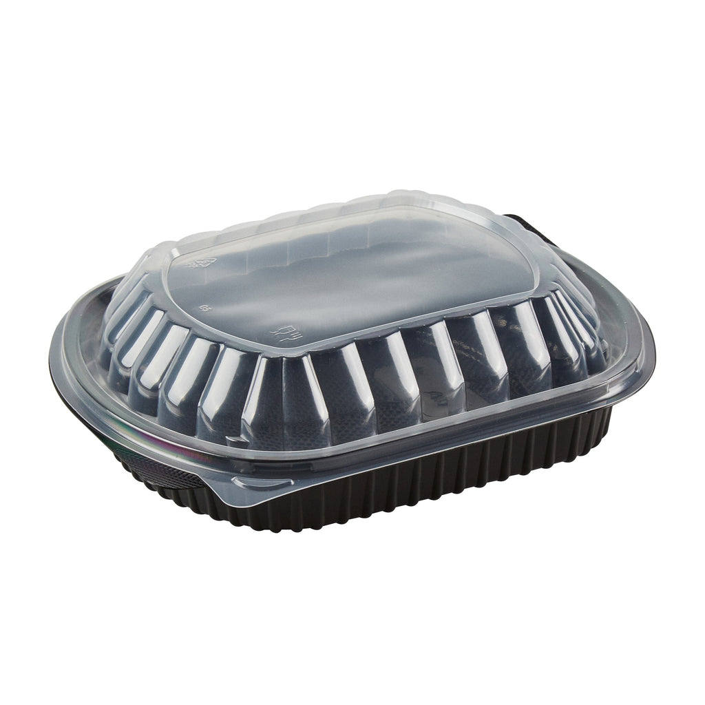 Chef 101 34 oz Oval Black Plastic Food Container - with Clear Lid, Microwavable - 9 1/2" x 8" x 2 3/4" - 100 count box