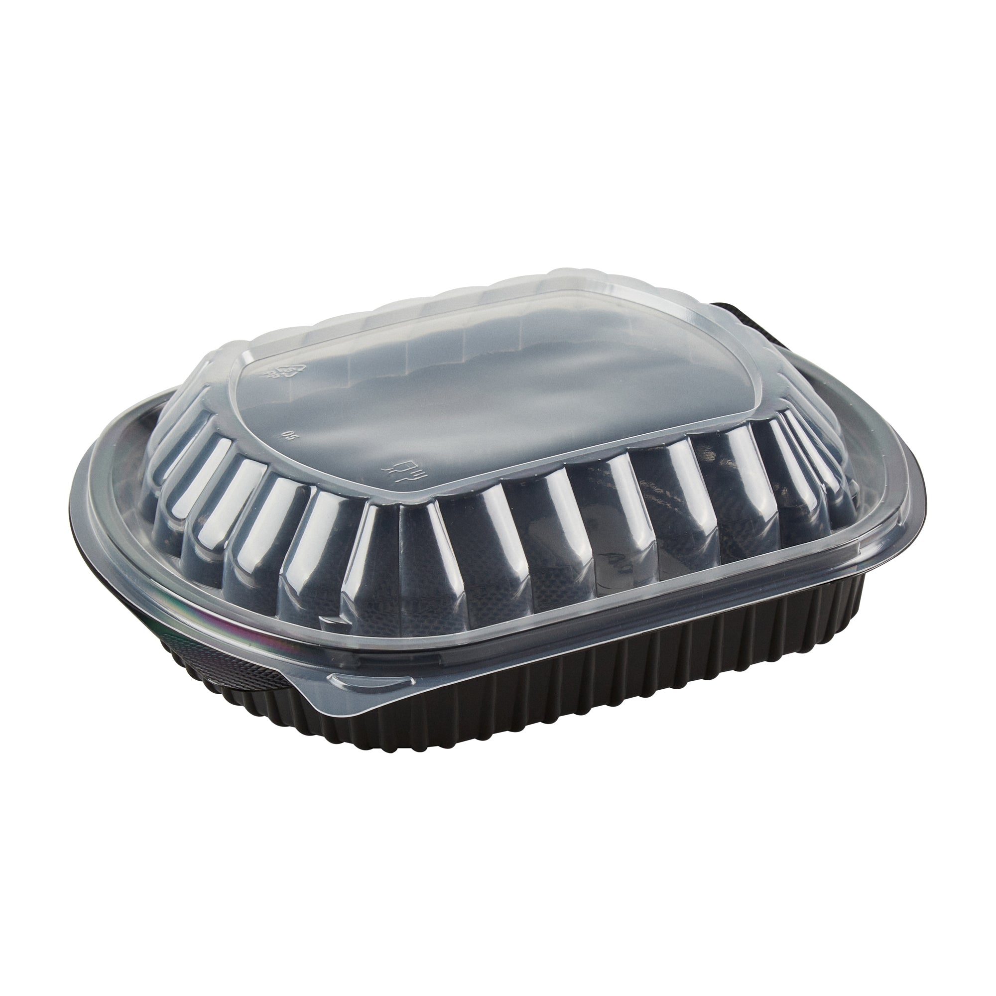 Chef 101 34 oz Oval Black Plastic Food Container - with Clear Lid, Microwavable - 9 1/2" x 8" x 2 3/4" - 100 count box