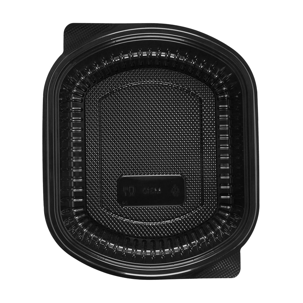 Chef 101 34 oz Oval Black Plastic Food Container - with Clear Lid, Microwavable - 9 1/2" x 8" x 2 3/4" - 100 count box