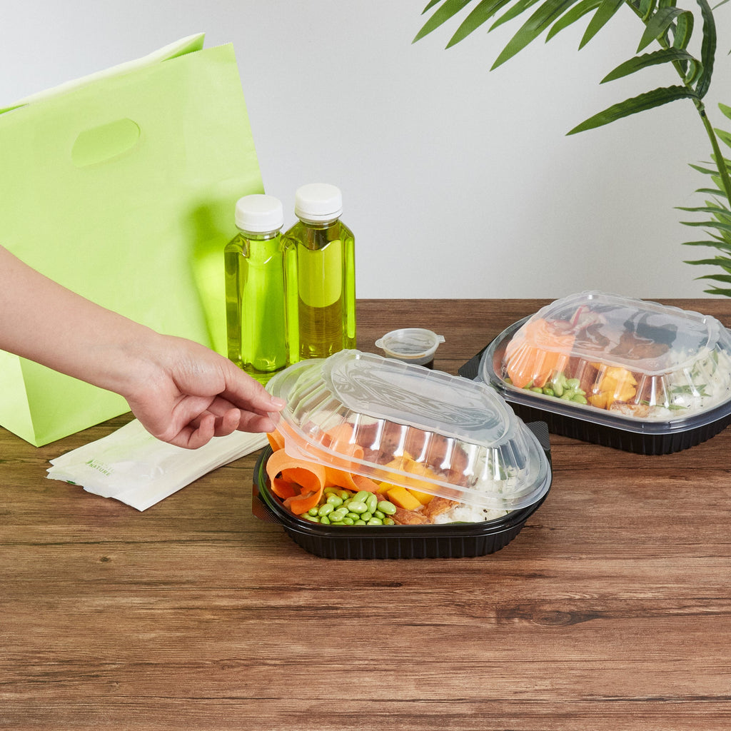 Chef 101 34 oz Oval Black Plastic Food Container - with Clear Lid, Microwavable - 9 1/2" x 8" x 2 3/4" - 100 count box