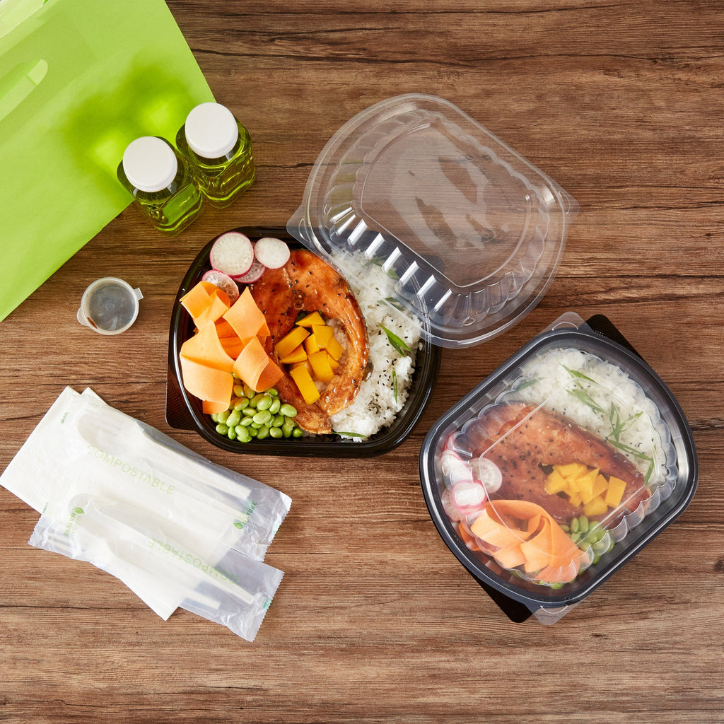 Chef 101 34 oz Oval Black Plastic Food Container - with Clear Lid, Microwavable - 9 1/2" x 8" x 2 3/4" - 100 count box