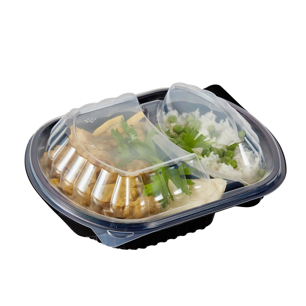 Chef 101 28 oz Oval Black Plastic Food Container - with Clear Lid, 2 Compartments, Microwavable - 9 1/2" x 8" x 2 3/4" - 50 count box