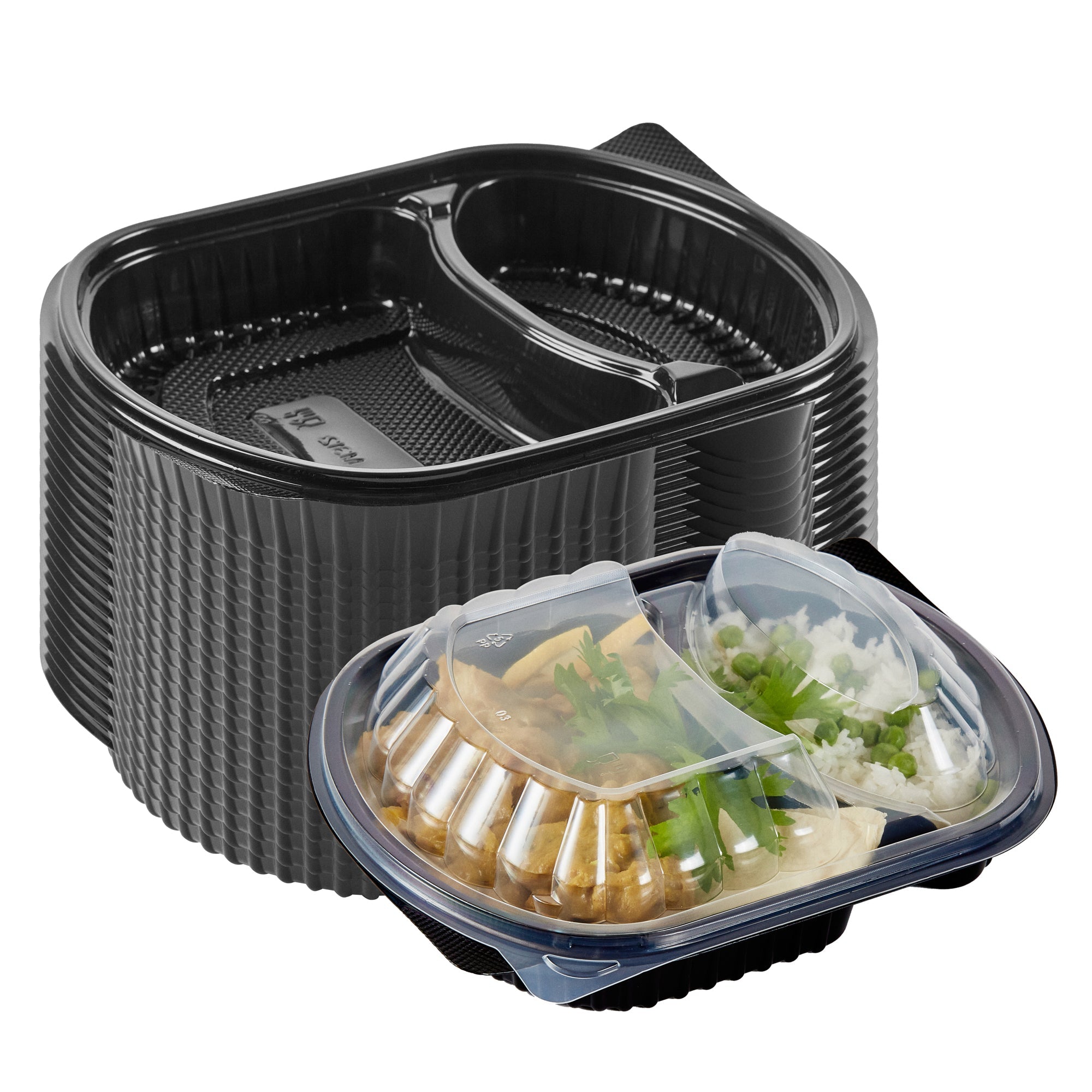 Chef 101 28 oz Oval Black Plastic Food Container - with Clear Lid, 2 Compartments, Microwavable - 9 1/2" x 8" x 2 3/4" - 50 count box