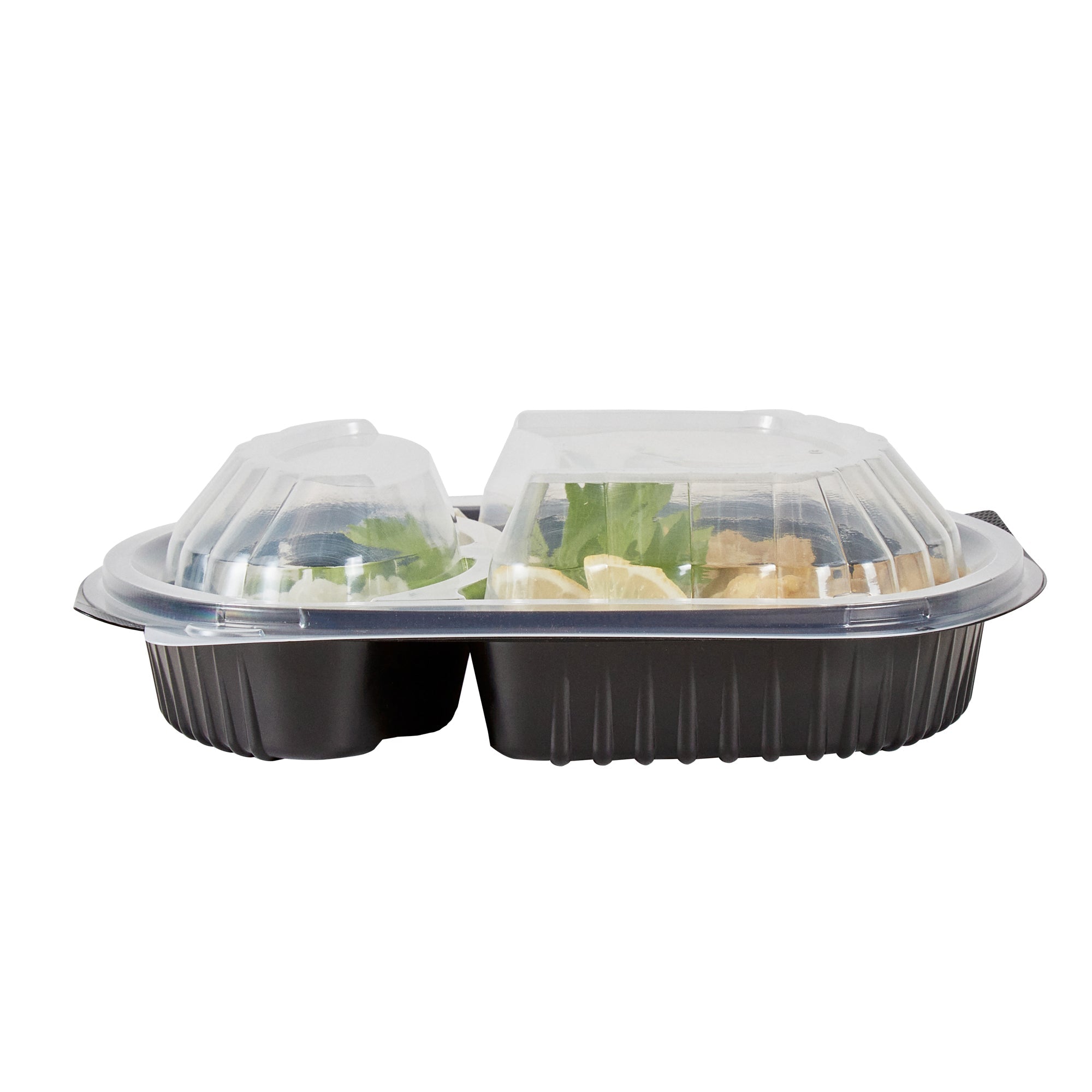 Chef 101 28 oz Oval Black Plastic Food Container - with Clear Lid, 2 Compartments, Microwavable - 9 1/2" x 8" x 2 3/4" - 50 count box