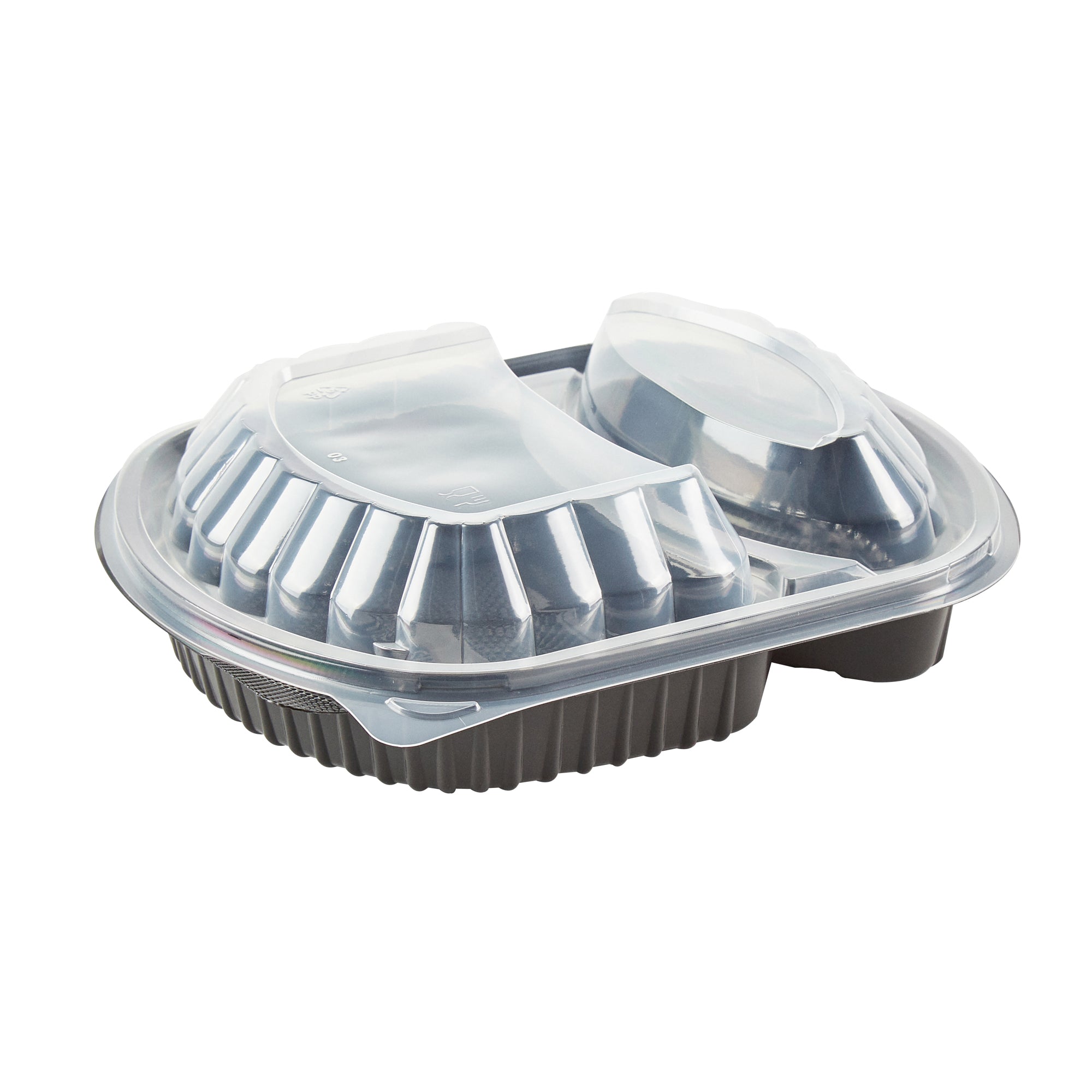 Chef 101 28 oz Oval Black Plastic Food Container - with Clear Lid, 2 Compartments, Microwavable - 9 1/2" x 8" x 2 3/4" - 50 count box
