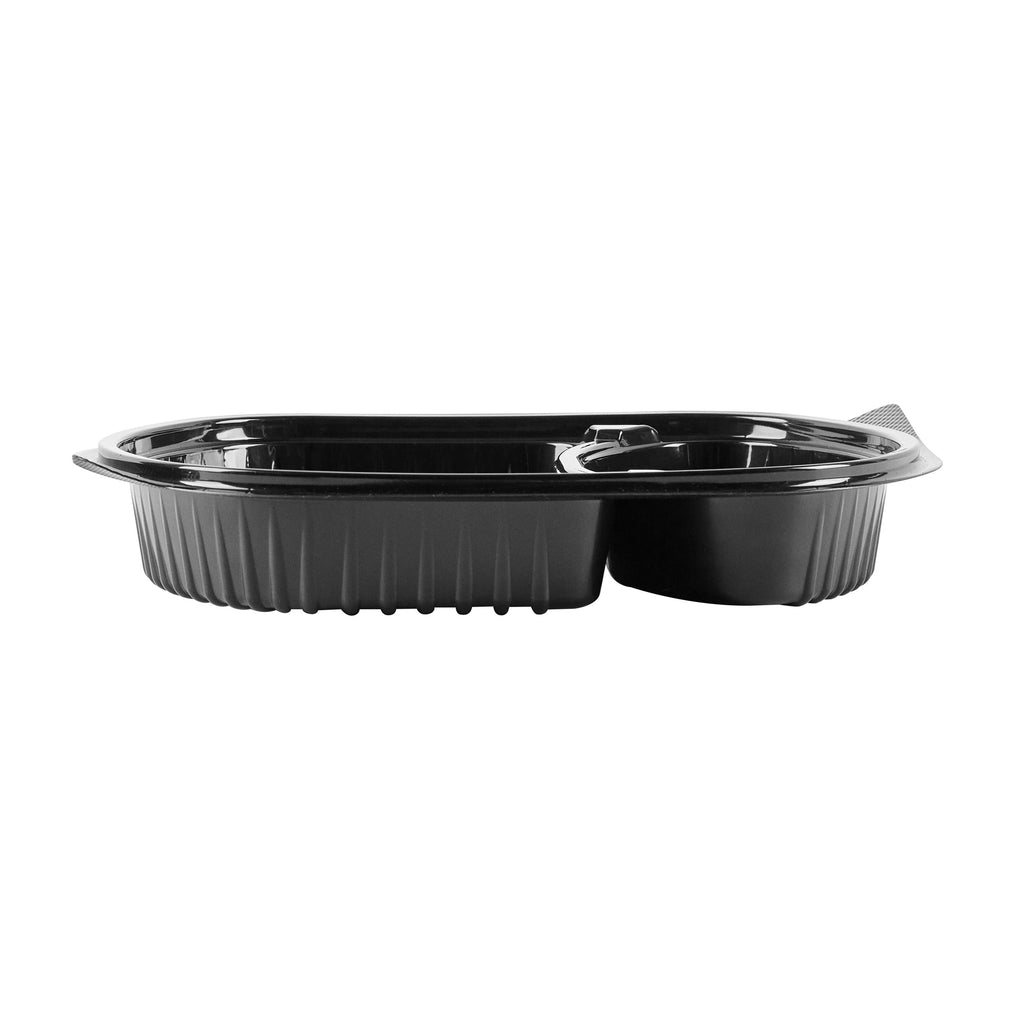 Chef 101 28 oz Oval Black Plastic Food Container - with Clear Lid, 2 Compartments, Microwavable - 9 1/2" x 8" x 2 3/4" - 100 count box
