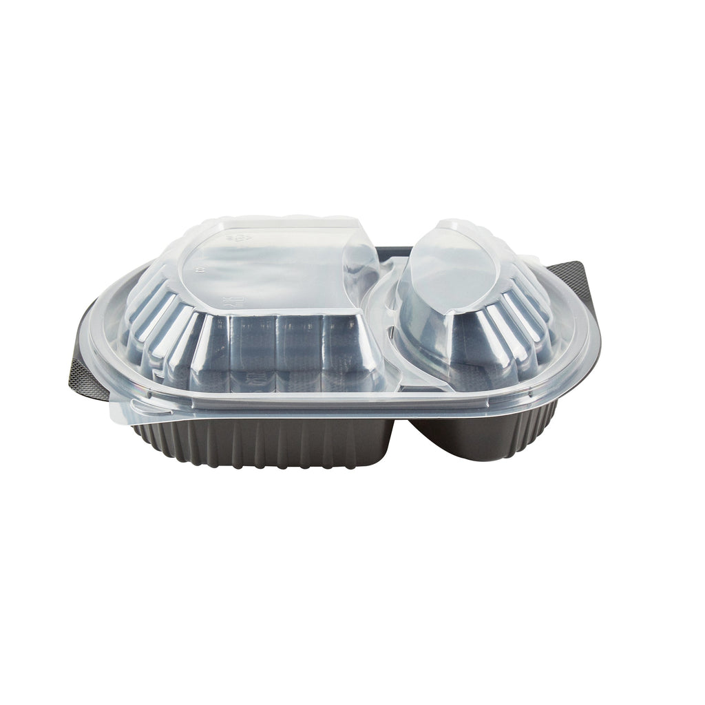 Chef 101 28 oz Oval Black Plastic Food Container - with Clear Lid, 2 Compartments, Microwavable - 9 1/2" x 8" x 2 3/4" - 100 count box