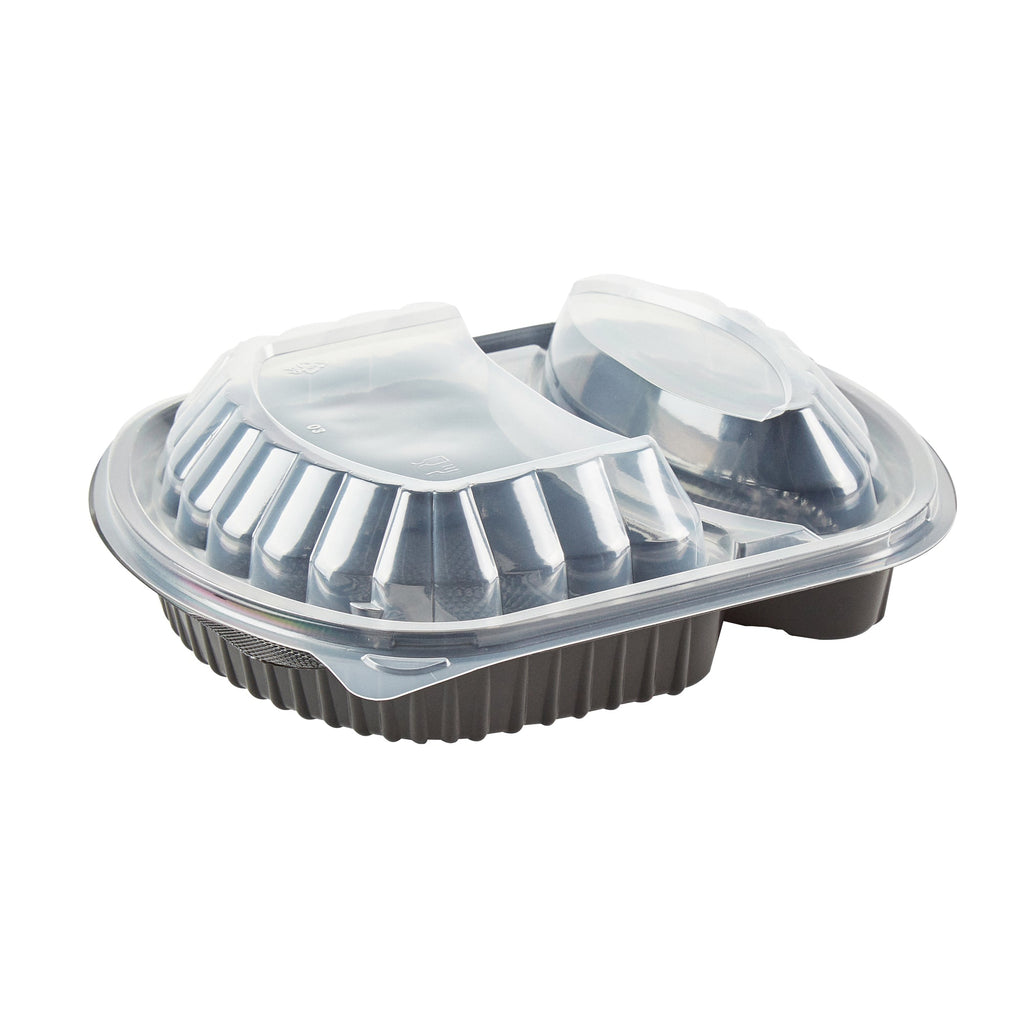 Chef 101 28 oz Oval Black Plastic Food Container - with Clear Lid, 2 Compartments, Microwavable - 9 1/2" x 8" x 2 3/4" - 100 count box