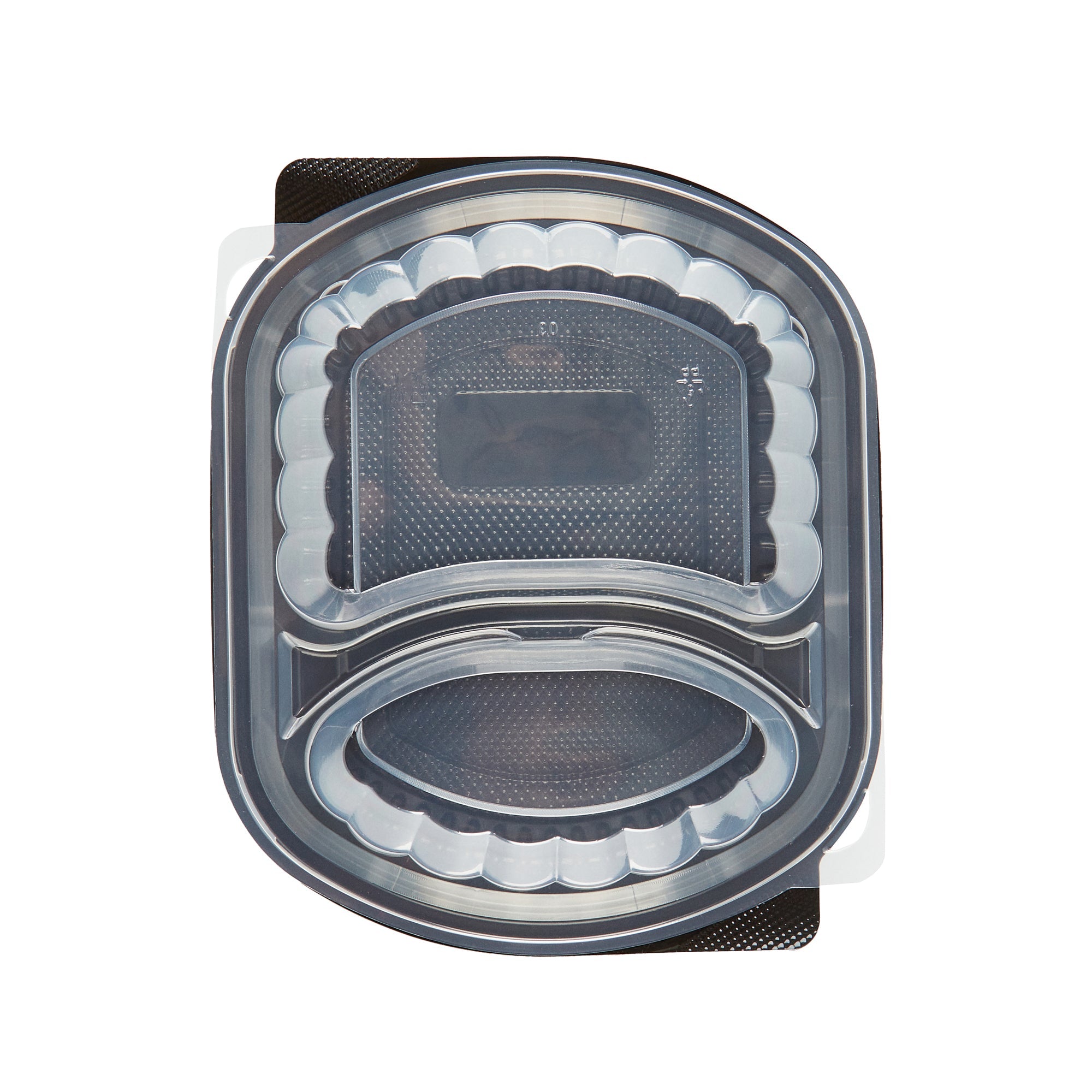 Chef 101 28 oz Oval Black Plastic Food Container - with Clear Lid, 2 Compartments, Microwavable - 9 1/2" x 8" x 2 3/4" - 100 count box