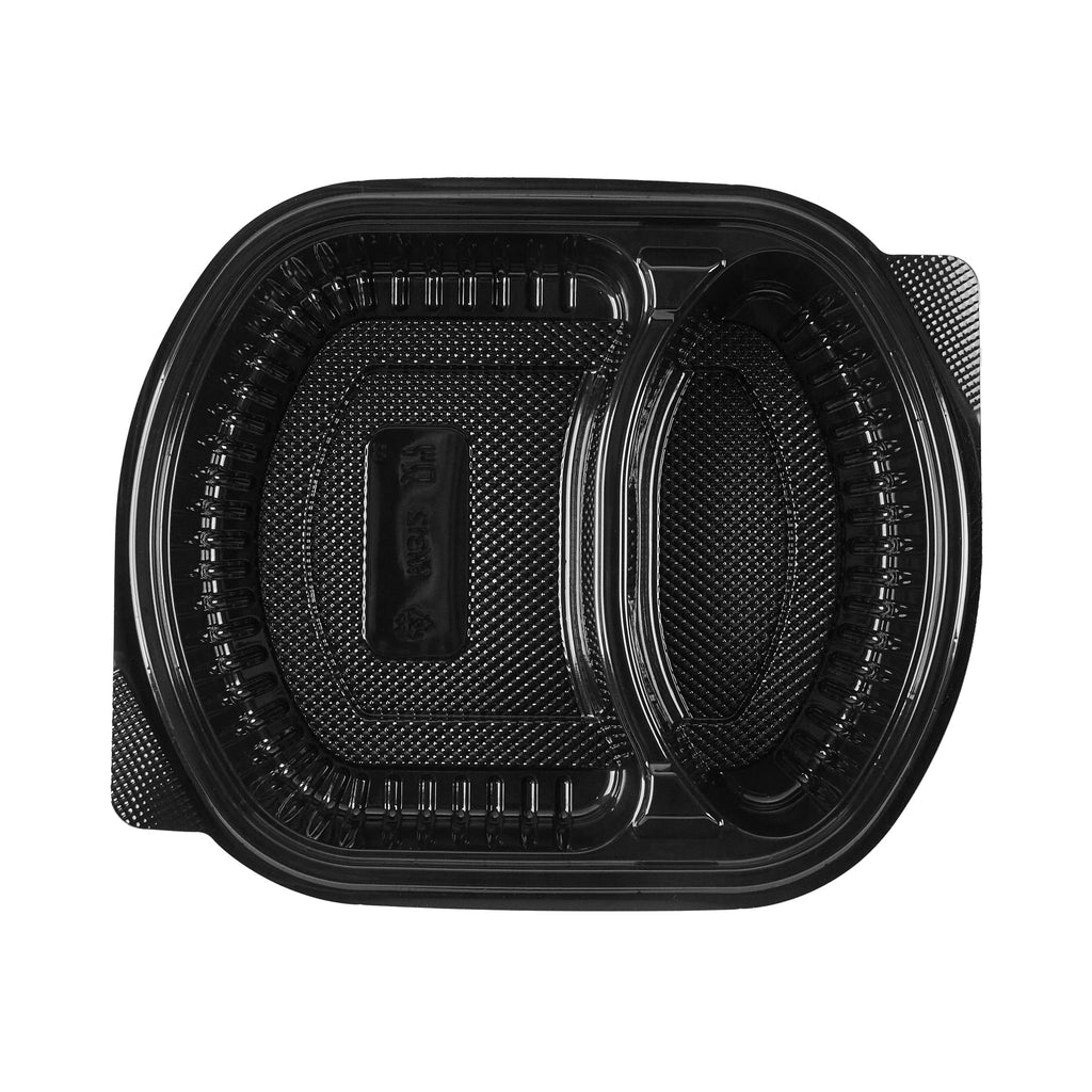 Chef 101 28 oz Oval Black Plastic Food Container - with Clear Lid, 2 Compartments, Microwavable - 9 1/2" x 8" x 2 3/4" - 100 count box
