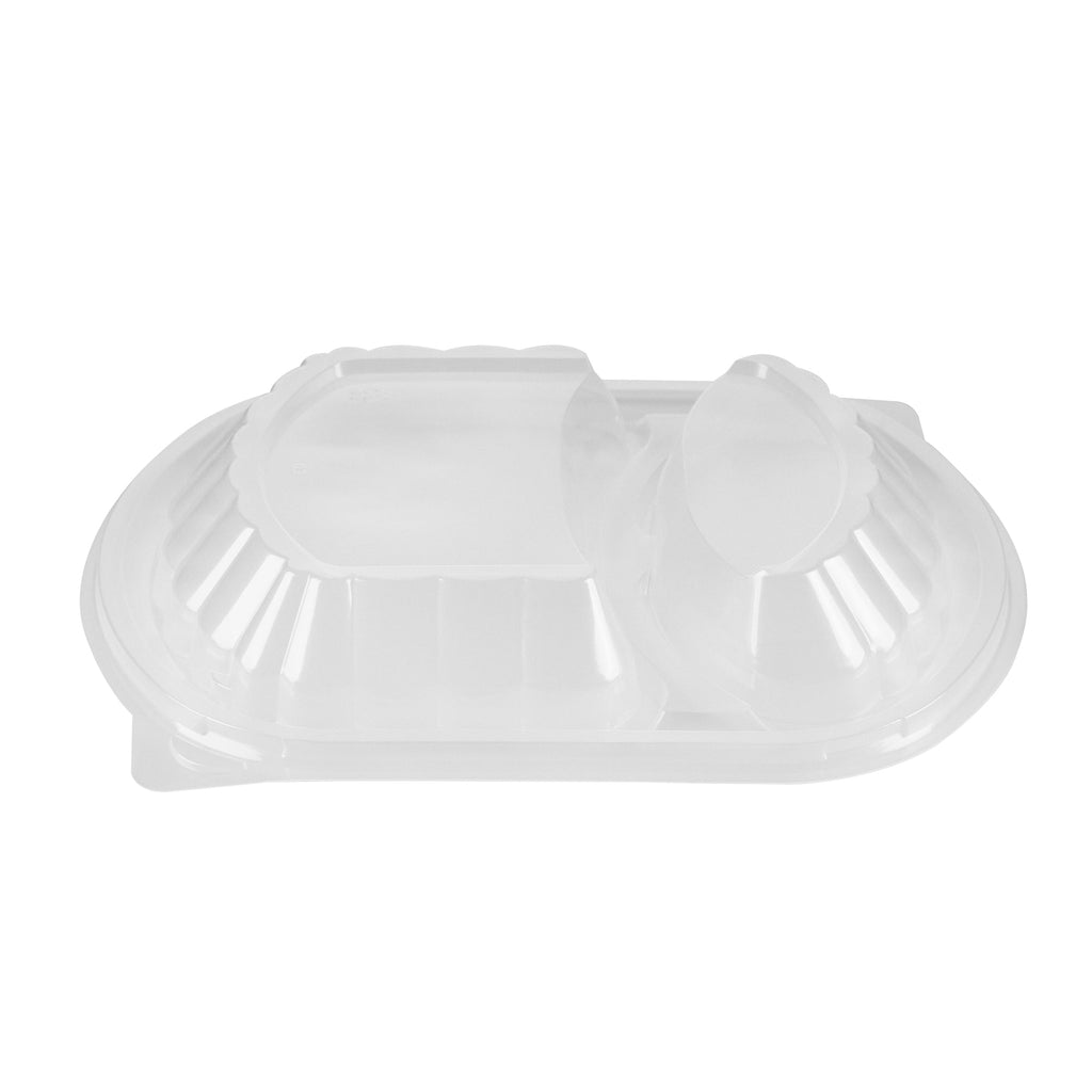 Chef 101 28 oz Oval Black Plastic Food Container - with Clear Lid, 2 Compartments, Microwavable - 9 1/2" x 8" x 2 3/4" - 100 count box