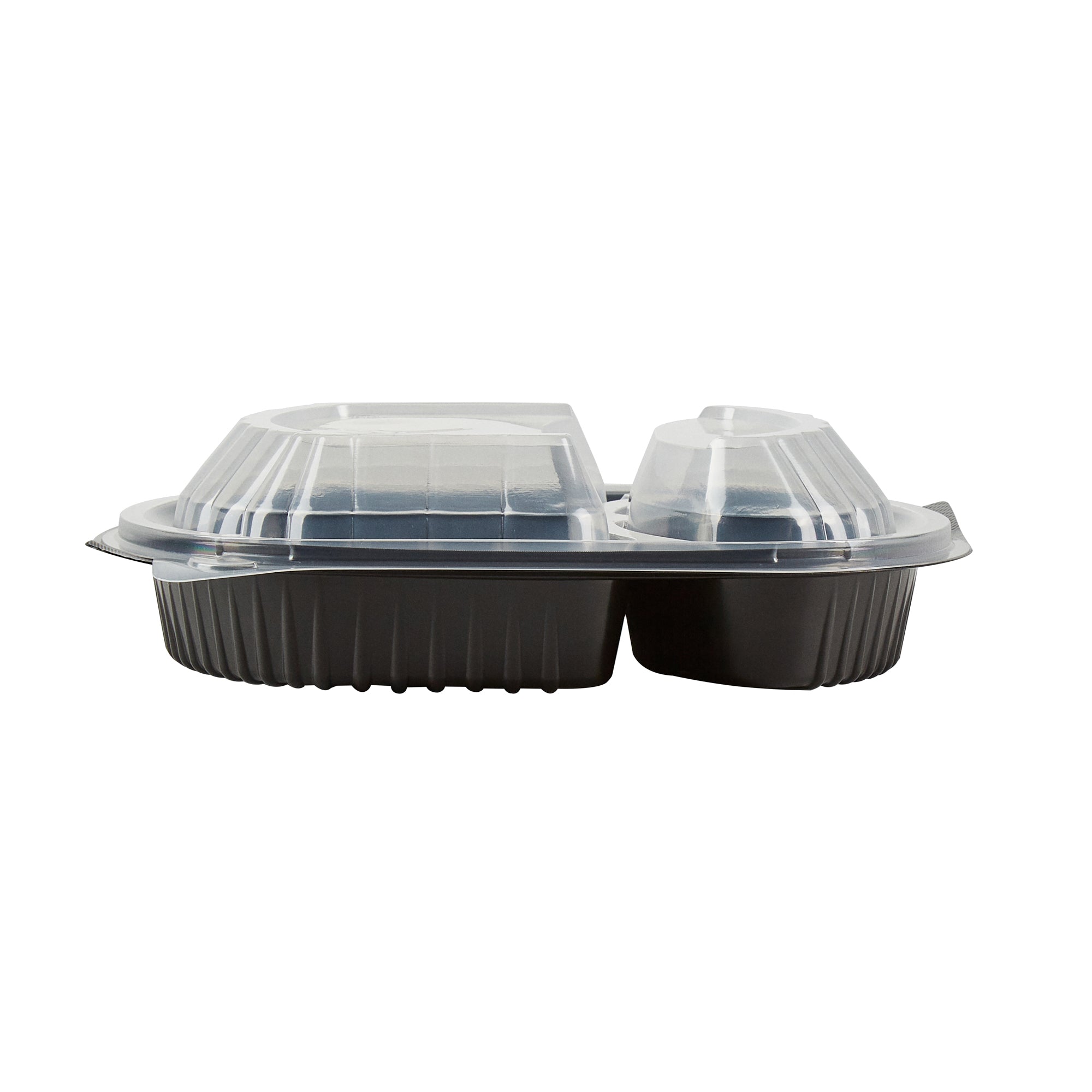 Chef 101 28 oz Oval Black Plastic Food Container - with Clear Lid, 2 Compartments, Microwavable - 9 1/2" x 8" x 2 3/4" - 100 count box