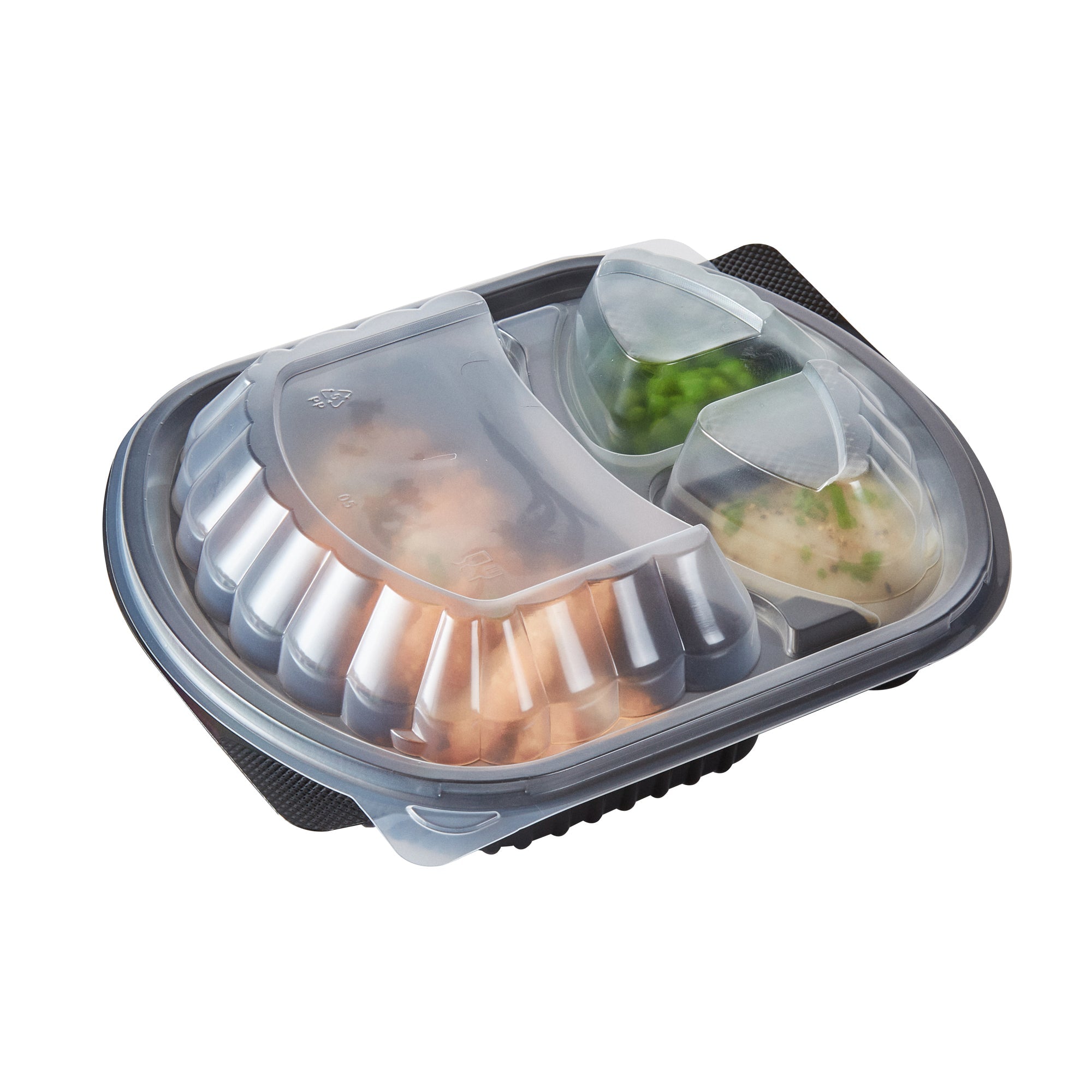 Chef 101 27 oz Oval Black Plastic Food Container - with Clear Lid, 3 Compartments, Microwavable - 9 1/2" x 8" x 2 3/4" - 50 count box