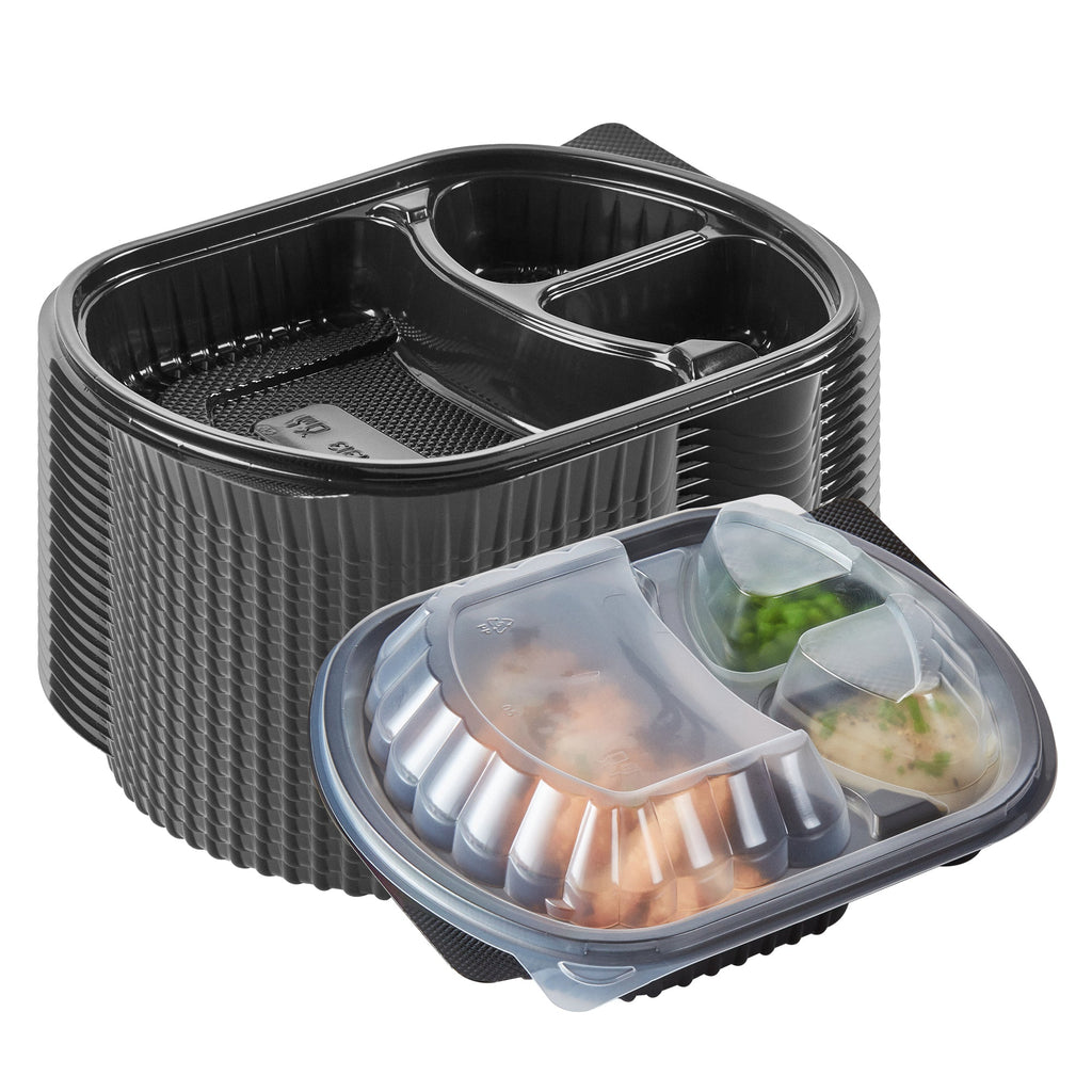 Chef 101 27 oz Oval Black Plastic Food Container - with Clear Lid, 3 Compartments, Microwavable - 9 1/2" x 8" x 2 3/4" - 50 count box