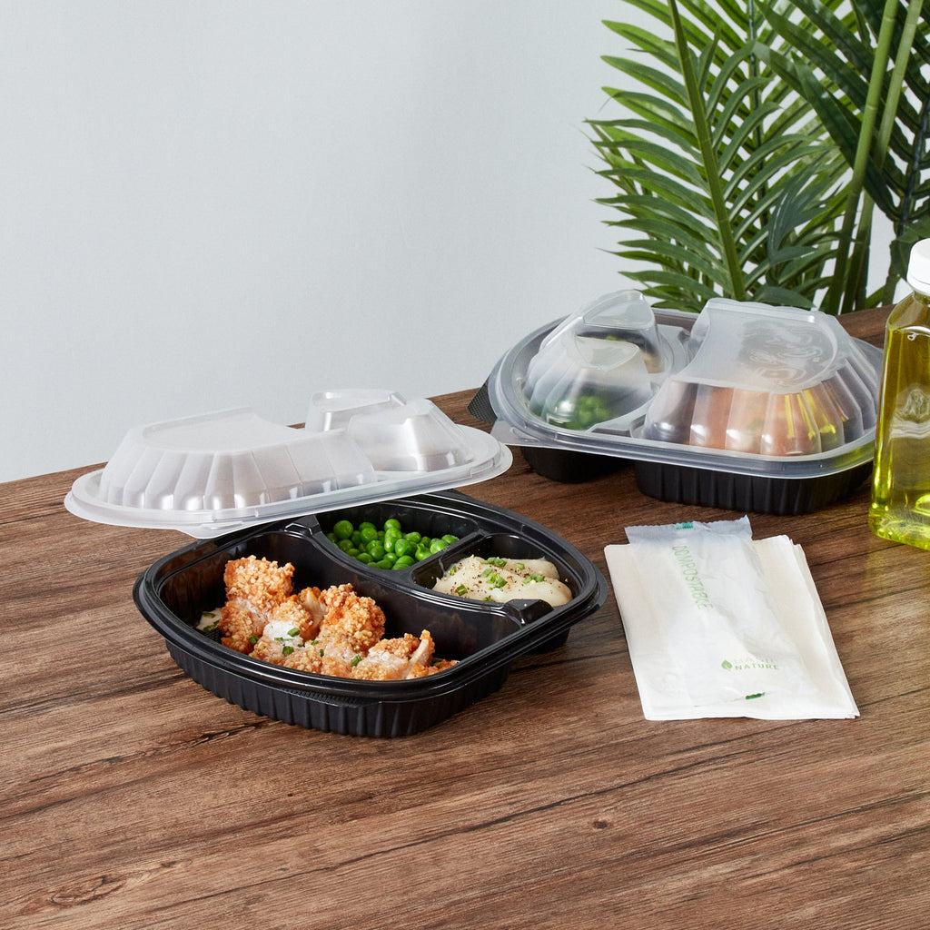 Chef 101 27 oz Oval Black Plastic Food Container - with Clear Lid, 3 Compartments, Microwavable - 9 1/2" x 8" x 2 3/4" - 50 count box