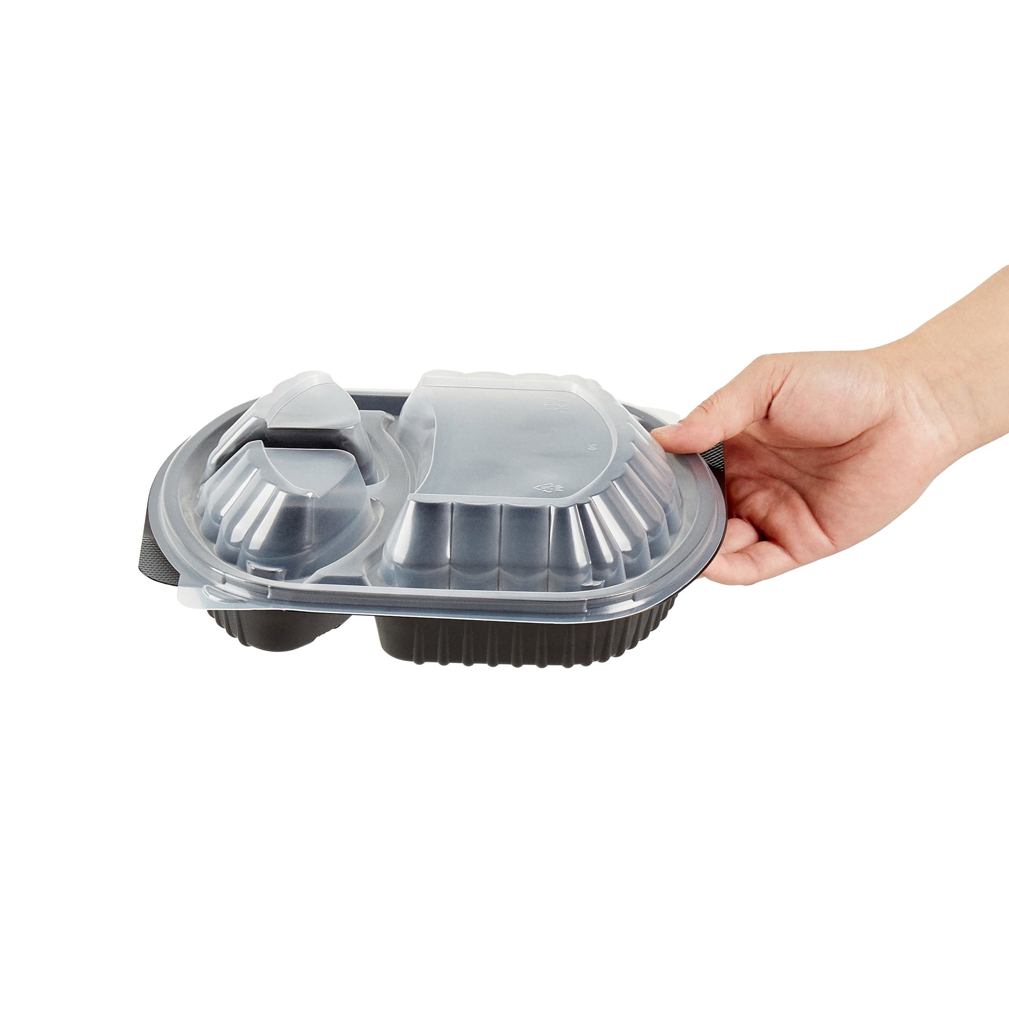 Chef 101 27 oz Oval Black Plastic Food Container - with Clear Lid, 3 Compartments, Microwavable - 9 1/2" x 8" x 2 3/4" - 50 count box