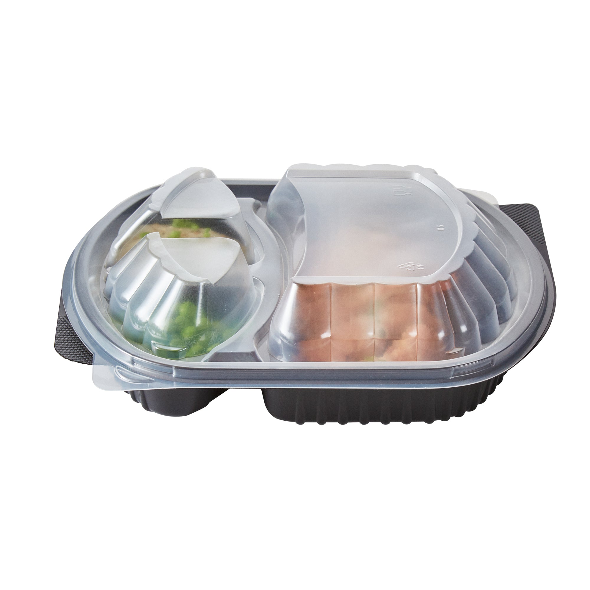 Chef 101 27 oz Oval Black Plastic Food Container - with Clear Lid, 3 Compartments, Microwavable - 9 1/2" x 8" x 2 3/4" - 50 count box