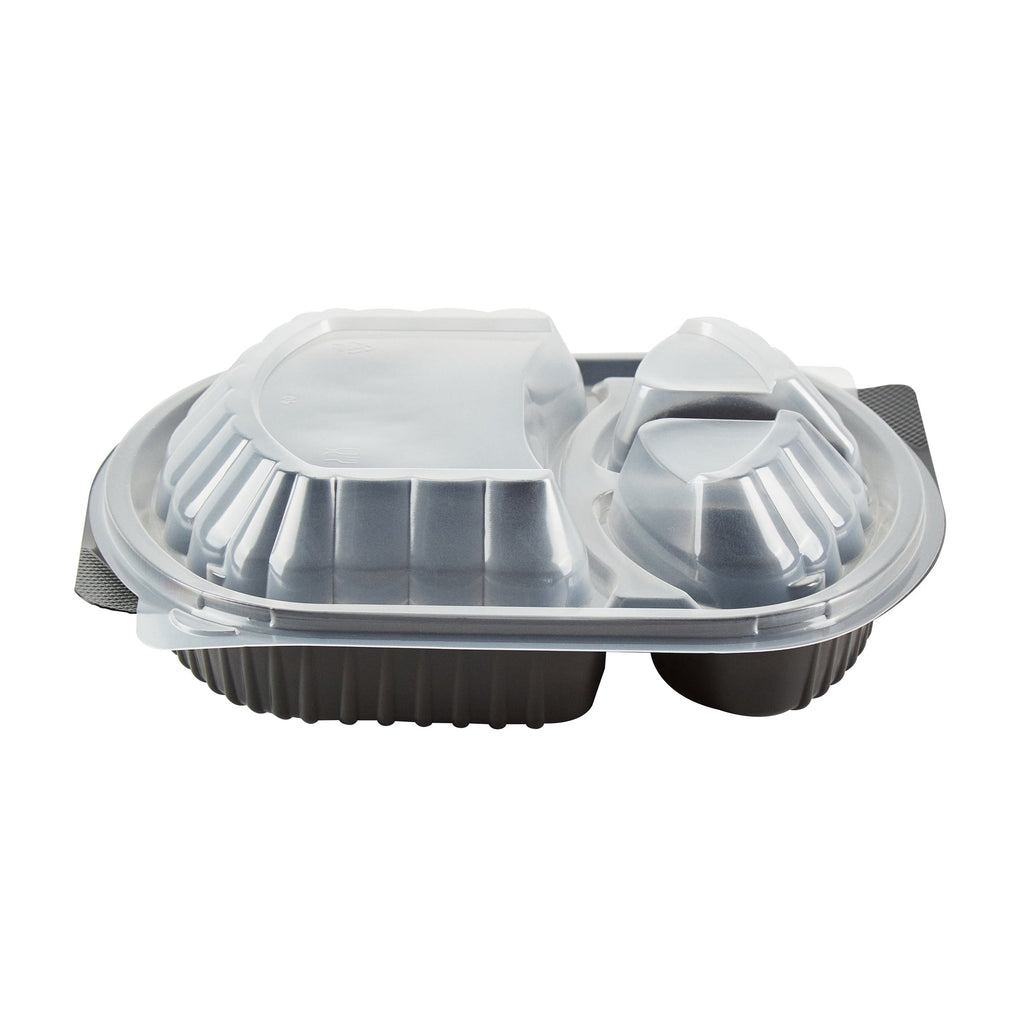 Chef 101 27 oz Oval Black Plastic Food Container - with Clear Lid, 3 Compartments, Microwavable - 9 1/2" x 8" x 2 3/4" - 50 count box