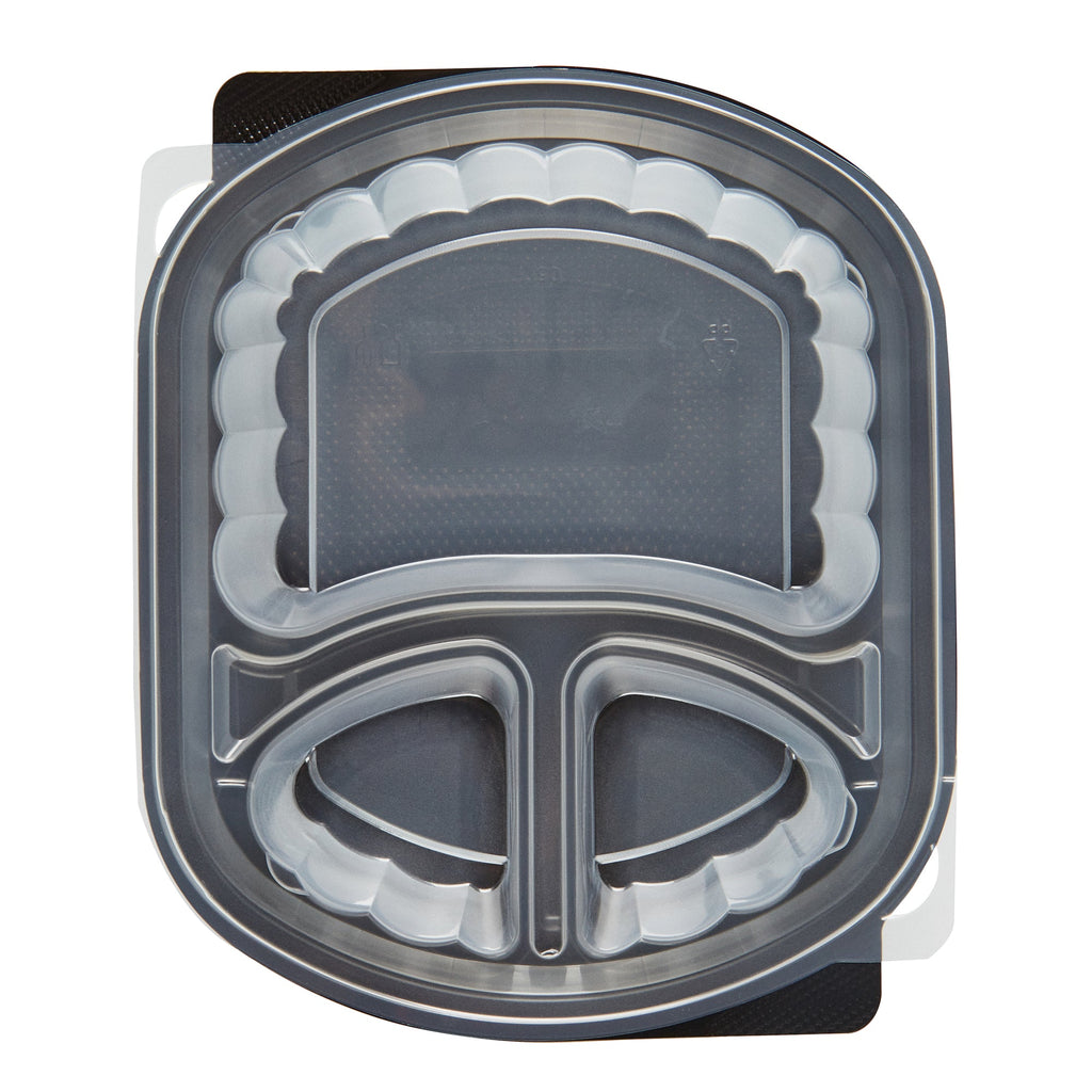 Chef 101 27 oz Oval Black Plastic Food Container - with Clear Lid, 3 Compartments, Microwavable - 9 1/2" x 8" x 2 3/4" - 50 count box