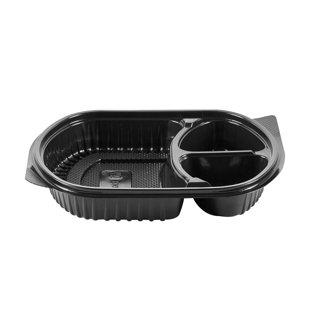 Chef 101 27 oz Oval Black Plastic Food Container - with Clear Lid, 3 Compartments, Microwavable - 9 1/2" x 8" x 2 3/4" - 50 count box