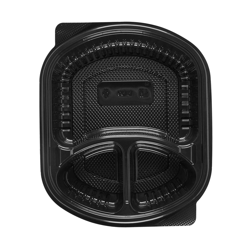 Chef 101 27 oz Oval Black Plastic Food Container - with Clear Lid, 3 Compartments, Microwavable - 9 1/2" x 8" x 2 3/4" - 50 count box