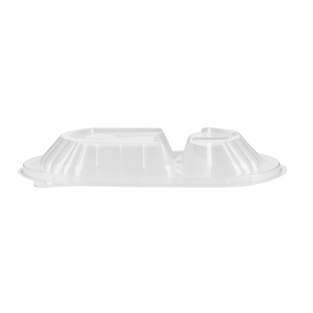 Chef 101 27 oz Oval Black Plastic Food Container - with Clear Lid, 3 Compartments, Microwavable - 9 1/2" x 8" x 2 3/4" - 50 count box