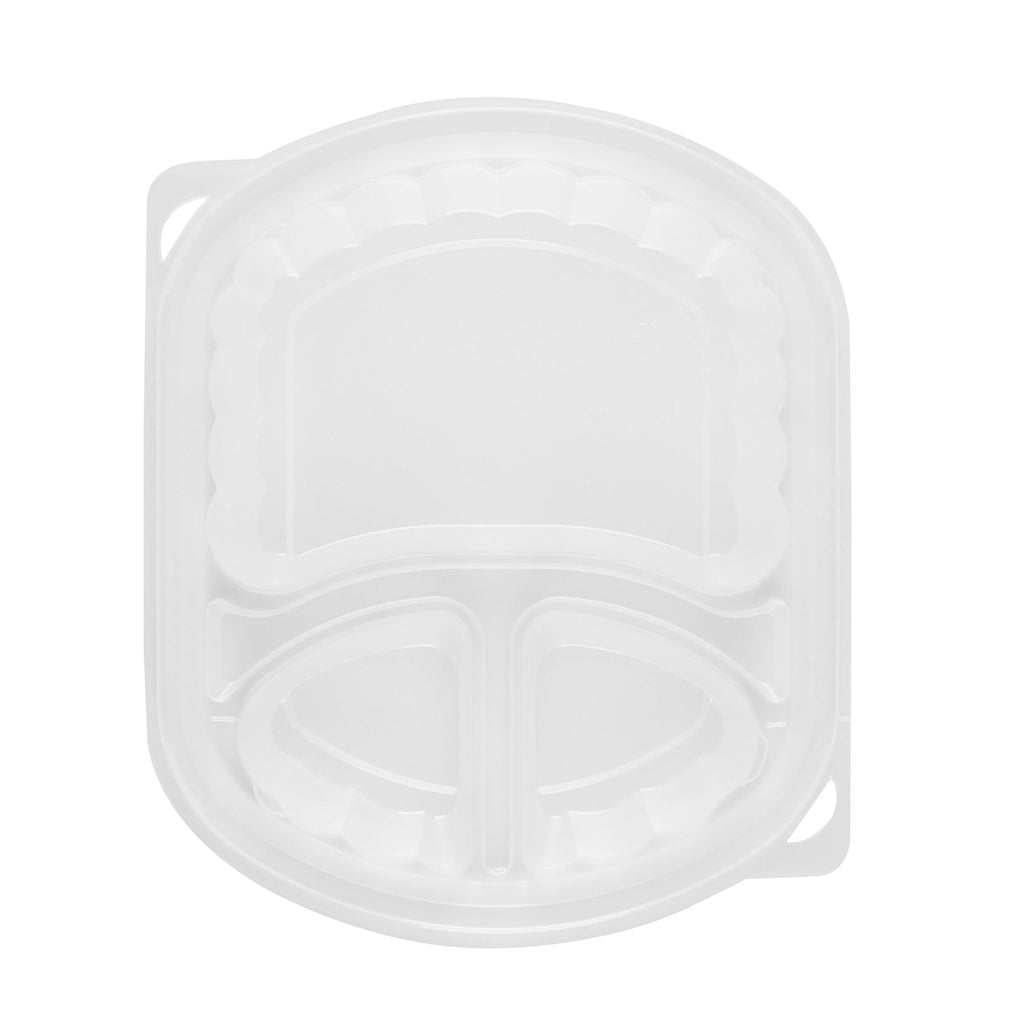 Chef 101 27 oz Oval Black Plastic Food Container - with Clear Lid, 3 Compartments, Microwavable - 9 1/2" x 8" x 2 3/4" - 50 count box