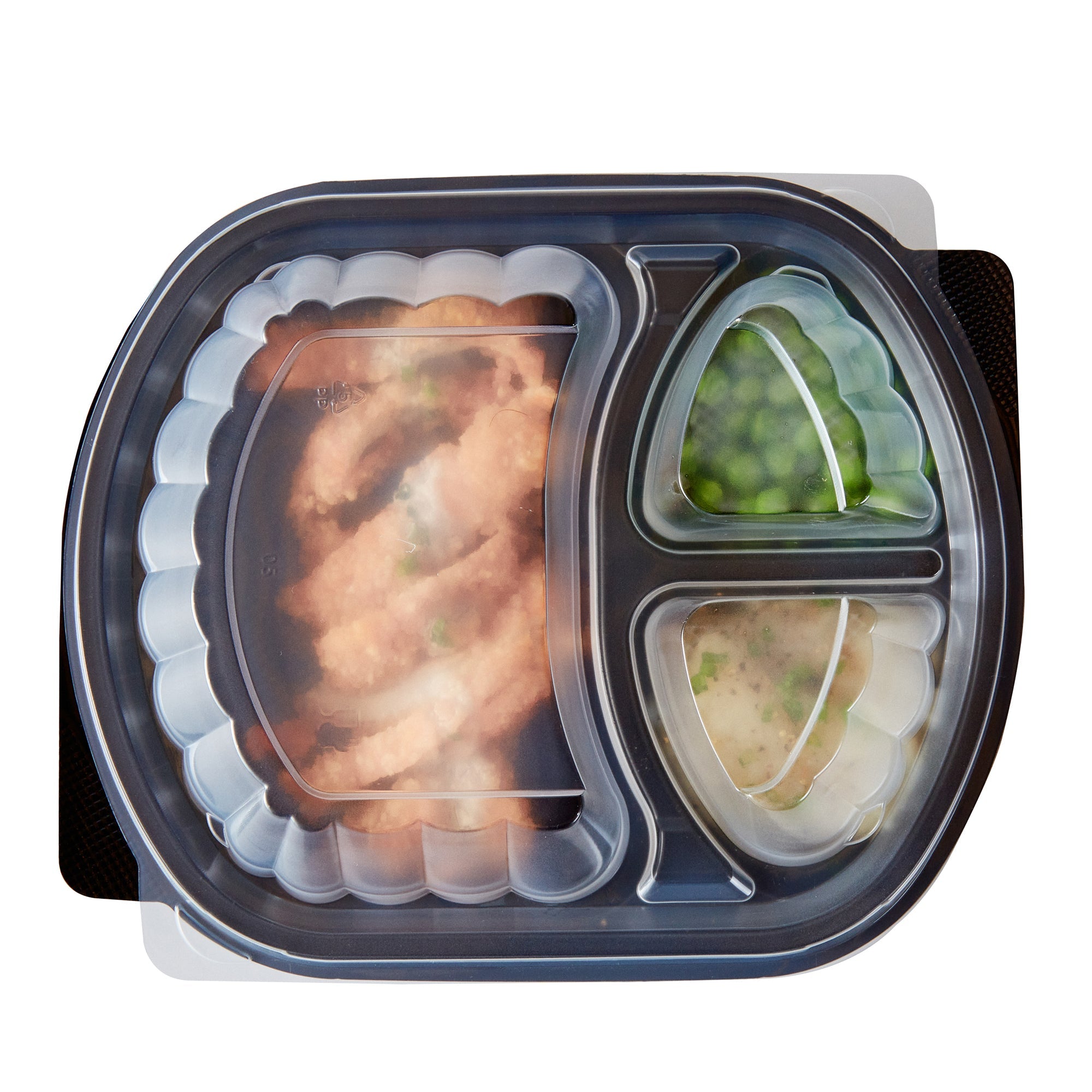 Chef 101 27 oz Oval Black Plastic Food Container - with Clear Lid, 3 Compartments, Microwavable - 9 1/2" x 8" x 2 3/4" - 100 count box