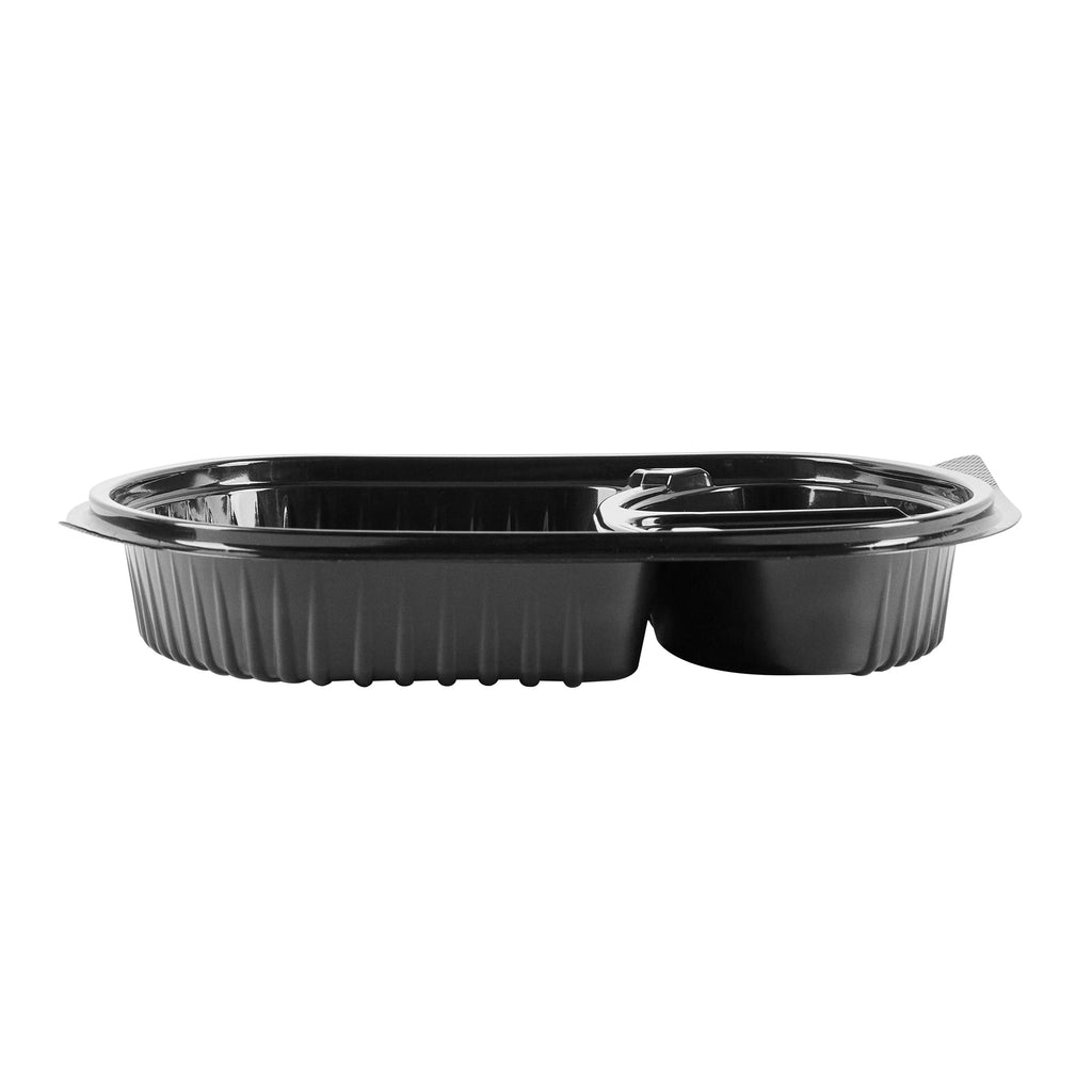 Chef 101 27 oz Oval Black Plastic Food Container - with Clear Lid, 3 Compartments, Microwavable - 9 1/2" x 8" x 2 3/4" - 100 count box