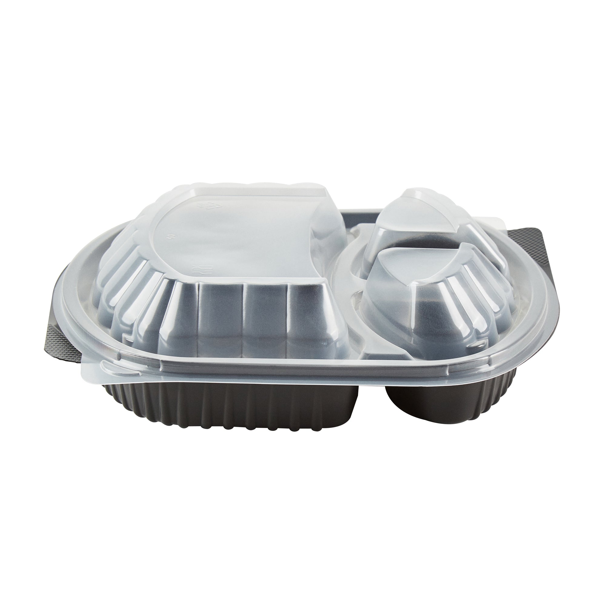 Chef 101 27 oz Oval Black Plastic Food Container - with Clear Lid, 3 Compartments, Microwavable - 9 1/2" x 8" x 2 3/4" - 100 count box