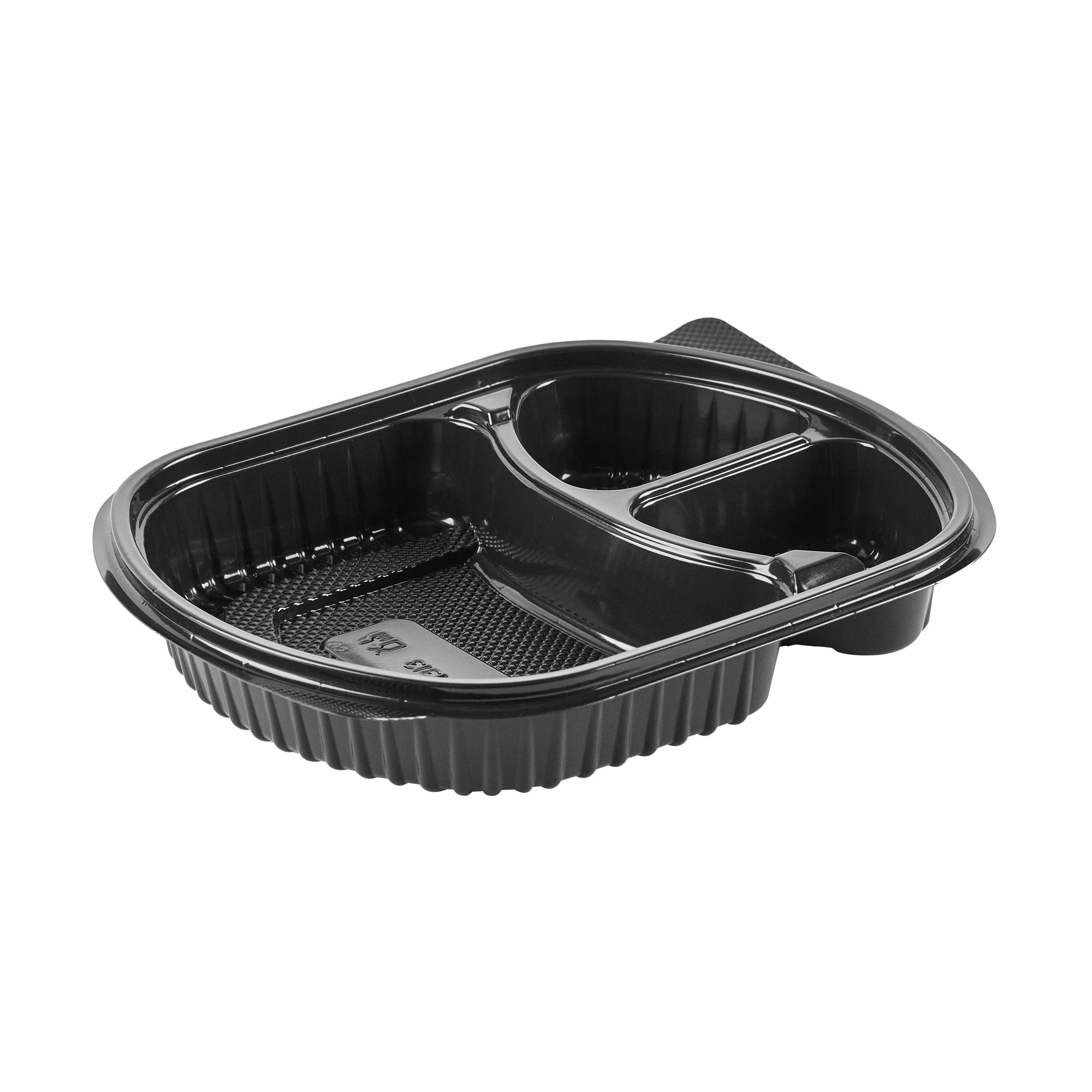 Chef 101 27 oz Oval Black Plastic Food Container - with Clear Lid, 3 Compartments, Microwavable - 9 1/2" x 8" x 2 3/4" - 100 count box
