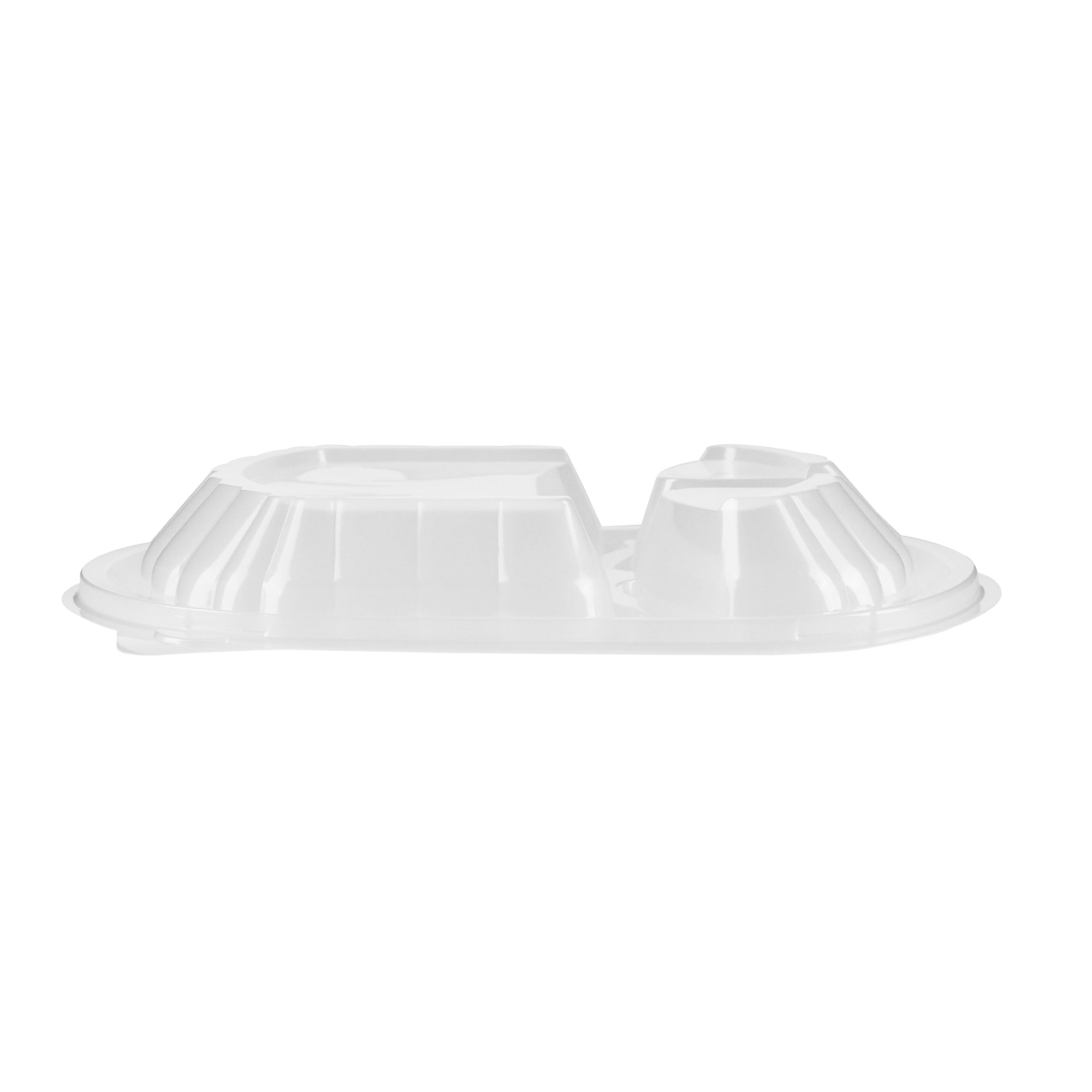 Chef 101 27 oz Oval Black Plastic Food Container - with Clear Lid, 3 Compartments, Microwavable - 9 1/2" x 8" x 2 3/4" - 100 count box