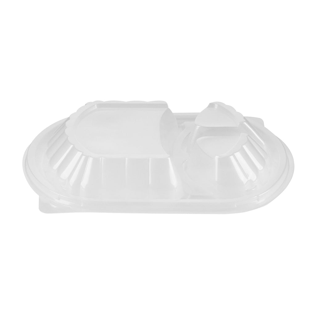 Chef 101 27 oz Oval Black Plastic Food Container - with Clear Lid, 3 Compartments, Microwavable - 9 1/2" x 8" x 2 3/4" - 100 count box