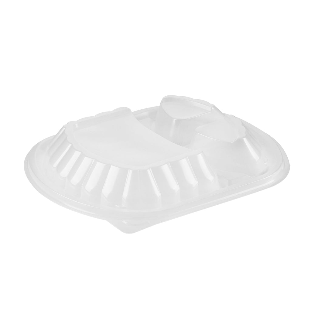Chef 101 27 oz Oval Black Plastic Food Container - with Clear Lid, 3 Compartments, Microwavable - 9 1/2" x 8" x 2 3/4" - 100 count box
