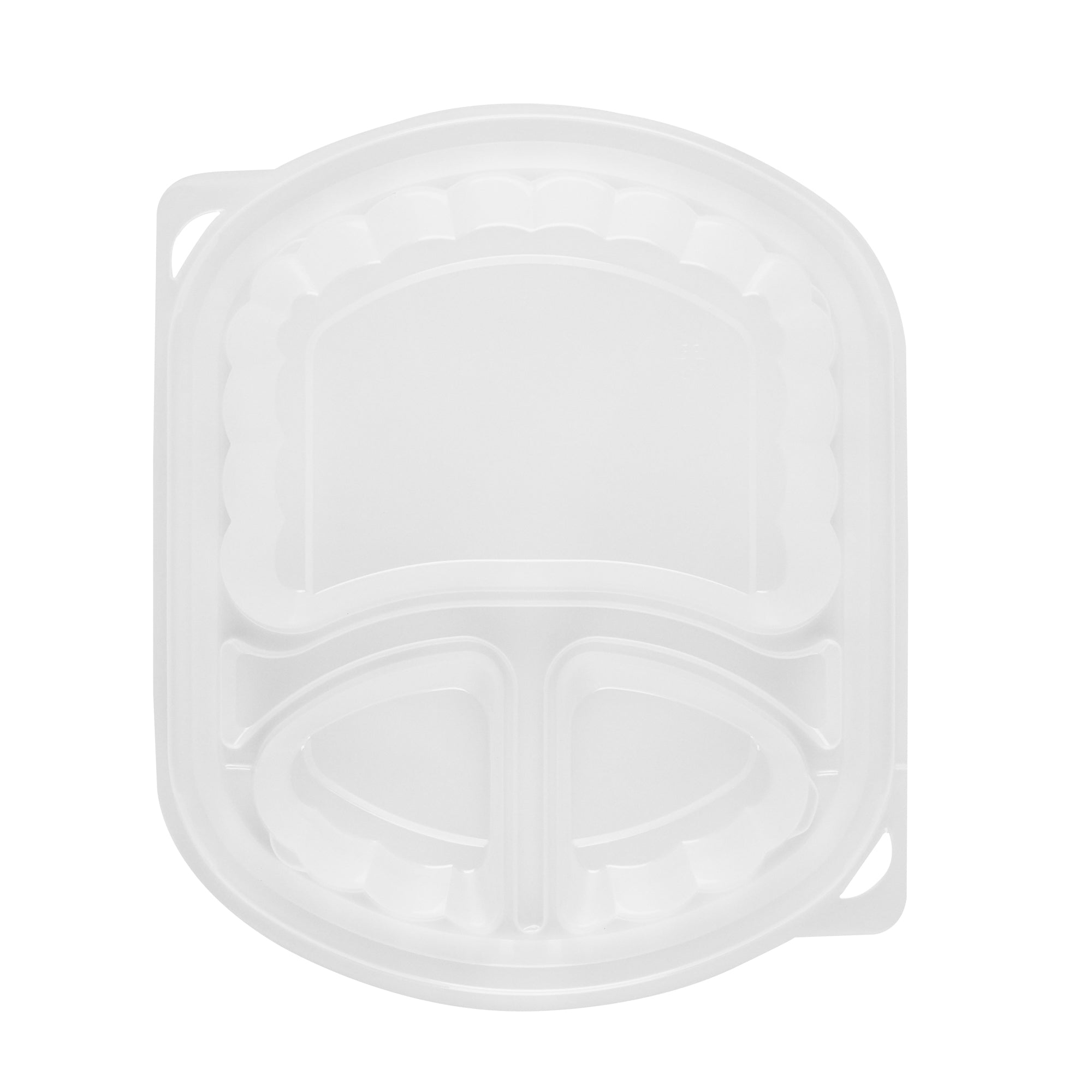 Chef 101 27 oz Oval Black Plastic Food Container - with Clear Lid, 3 Compartments, Microwavable - 9 1/2" x 8" x 2 3/4" - 100 count box