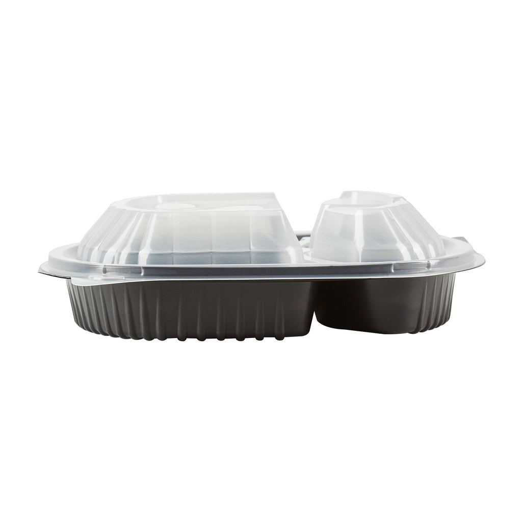 Chef 101 27 oz Oval Black Plastic Food Container - with Clear Lid, 3 Compartments, Microwavable - 9 1/2" x 8" x 2 3/4" - 100 count box