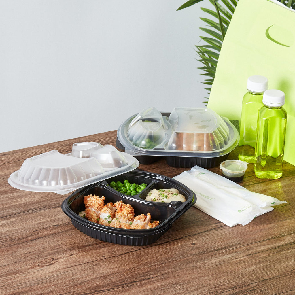 Chef 101 27 oz Oval Black Plastic Food Container - with Clear Lid, 3 Compartments, Microwavable - 9 1/2" x 8" x 2 3/4" - 100 count box