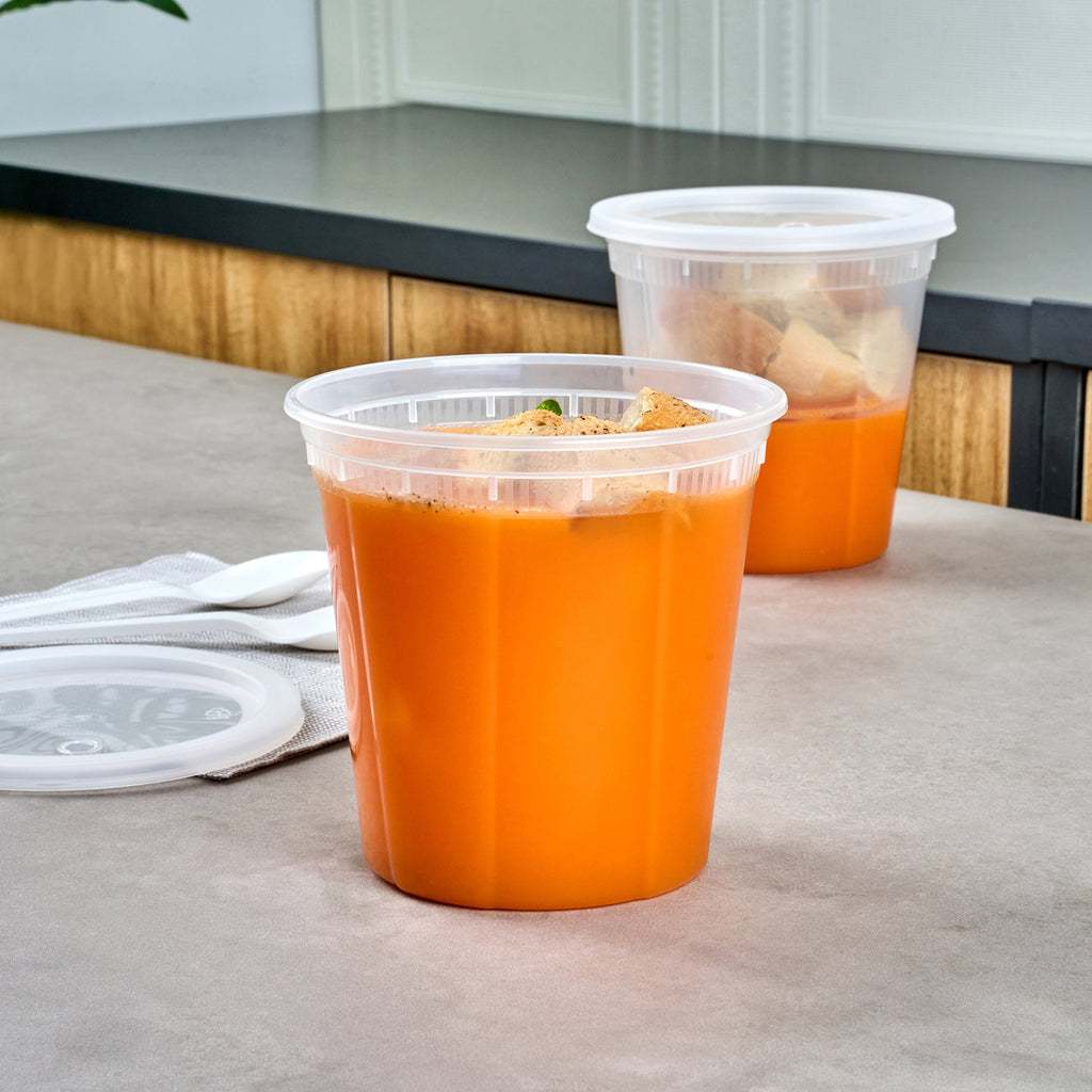 Asporto 32 oz Round Clear Plastic Soup Container - with Lid, Microwavable - 5" x 5" x 5" - 100 count box