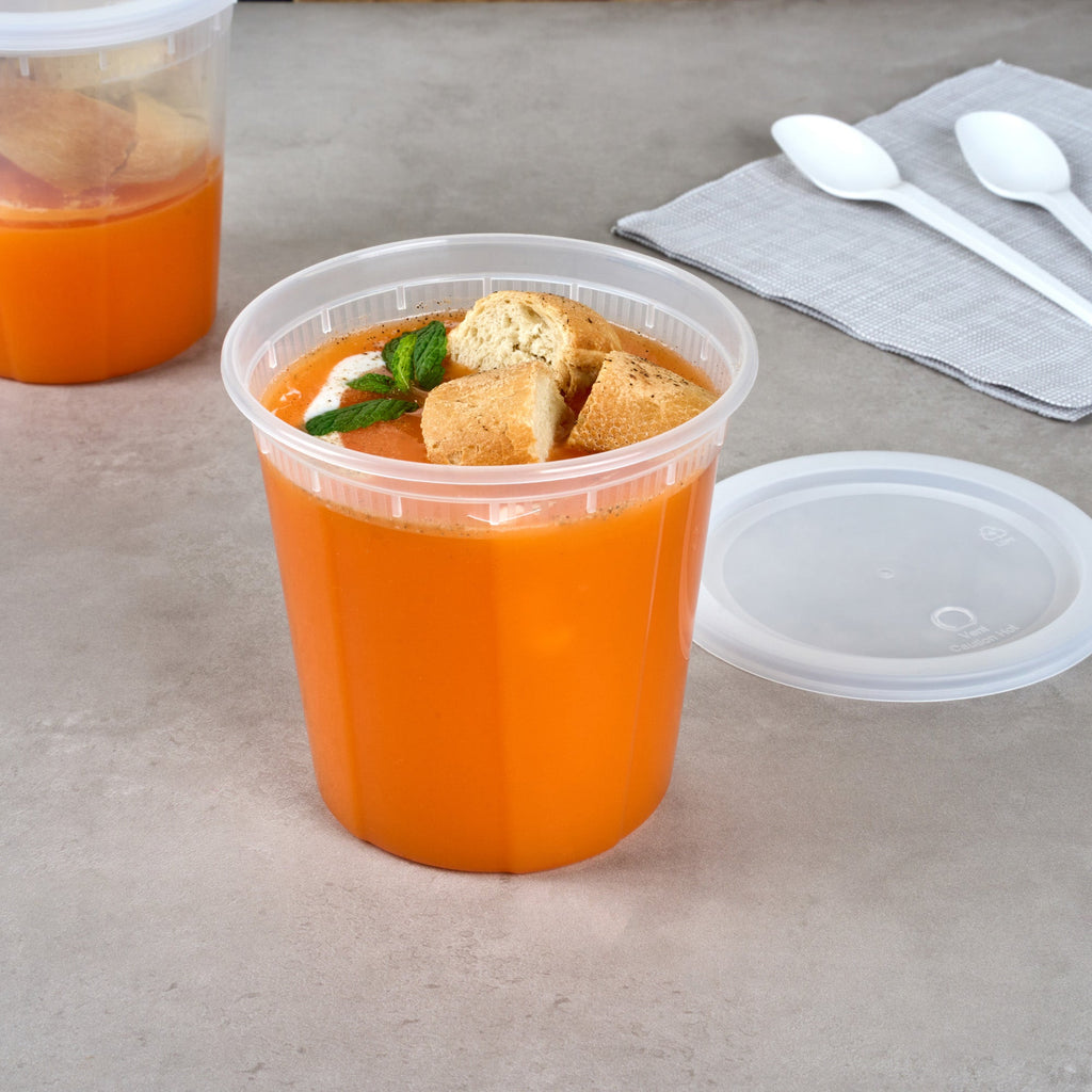 Asporto 32 oz Round Clear Plastic Soup Container - with Lid, Microwavable - 5" x 5" x 5" - 50 count box