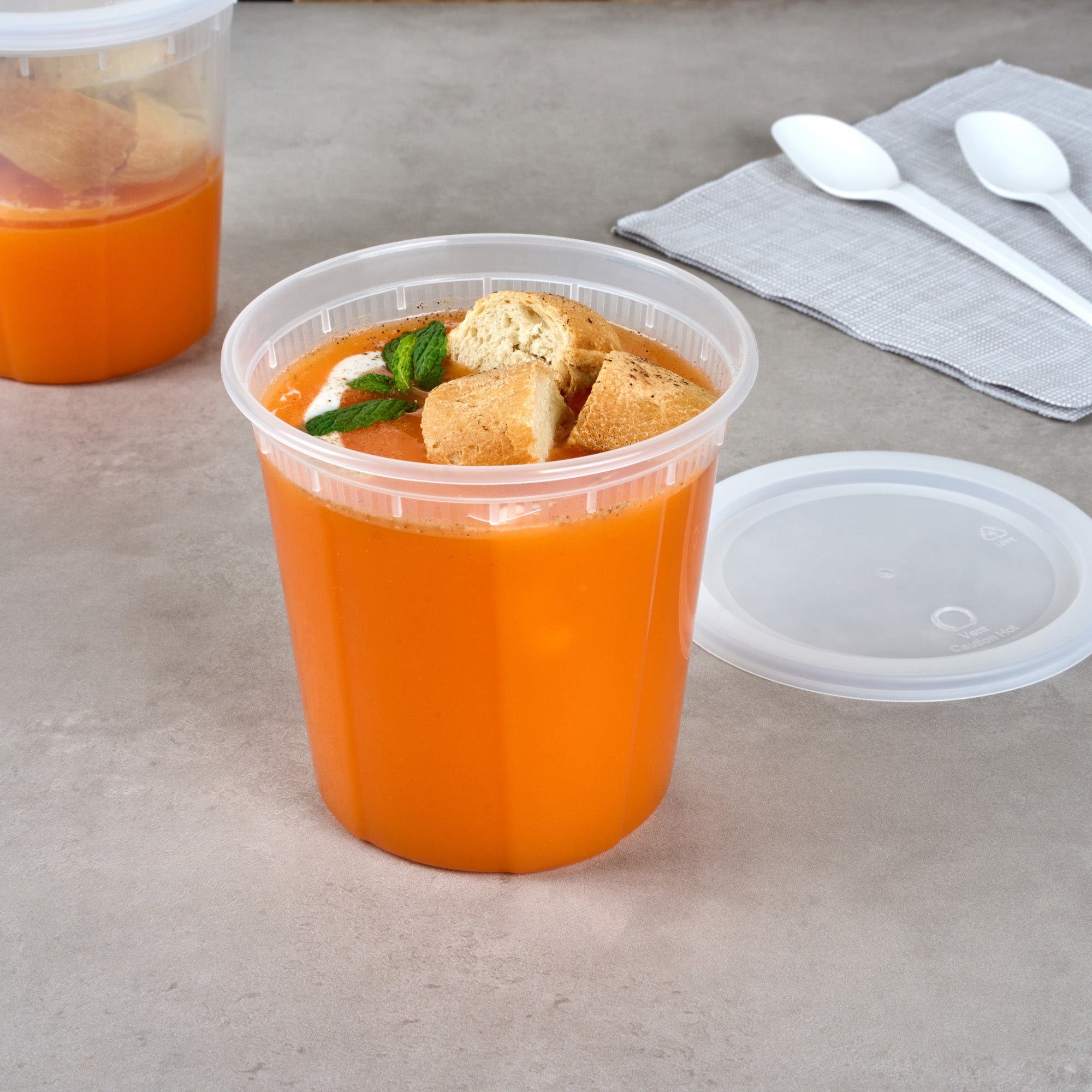 Asporto 32 oz Round Clear Plastic Soup Container - with Lid, Microwavable - 5" x 5" x 5" - 100 count box