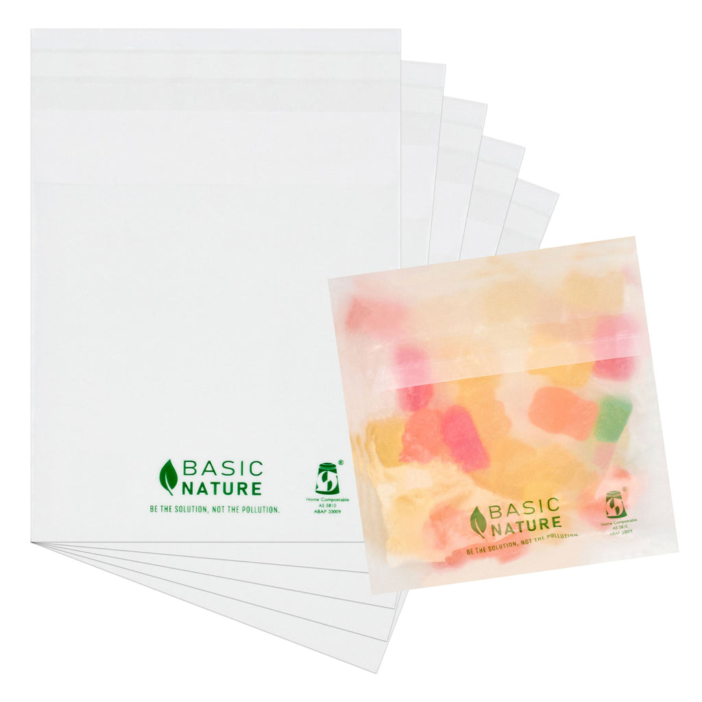 Basic Nature Translucent PLA Plastic / PBAT Lip and Tape Bag - Self-Sealing, Compostable - 4" x 4" - 100 count box