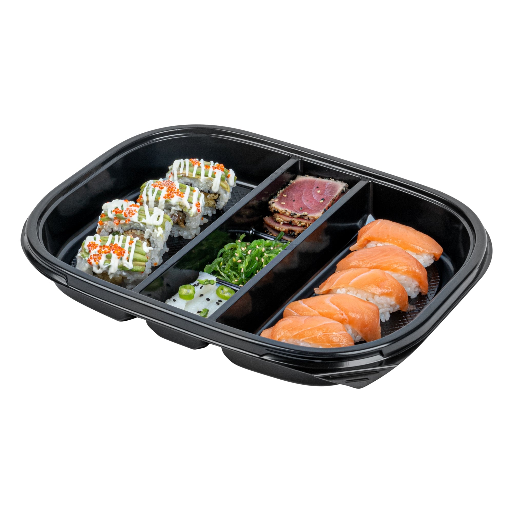 Bento Tek 51 oz Rectangle Black Plastic Bento Box - 5 Compartments - 12 1/4" x 9 3/4" x 1 1/2" - 50 count box